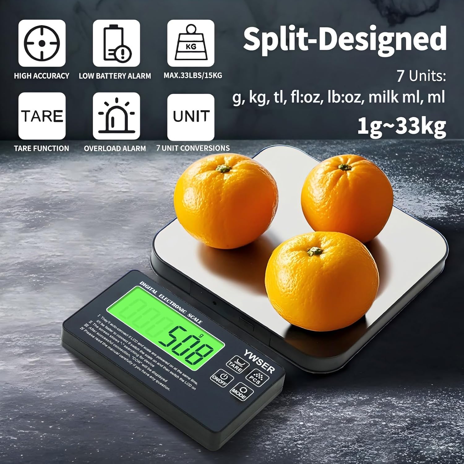 15 kg digitale Küchenwaage mit LCD-Fernanzeige, geteiltes Display für einfaches Ablesen und Reinigen, 1 g Präzision, 7 Einheiten, Tara-Funktion zum Backen, Kochen (Silber-Schwarz) – Bild 2