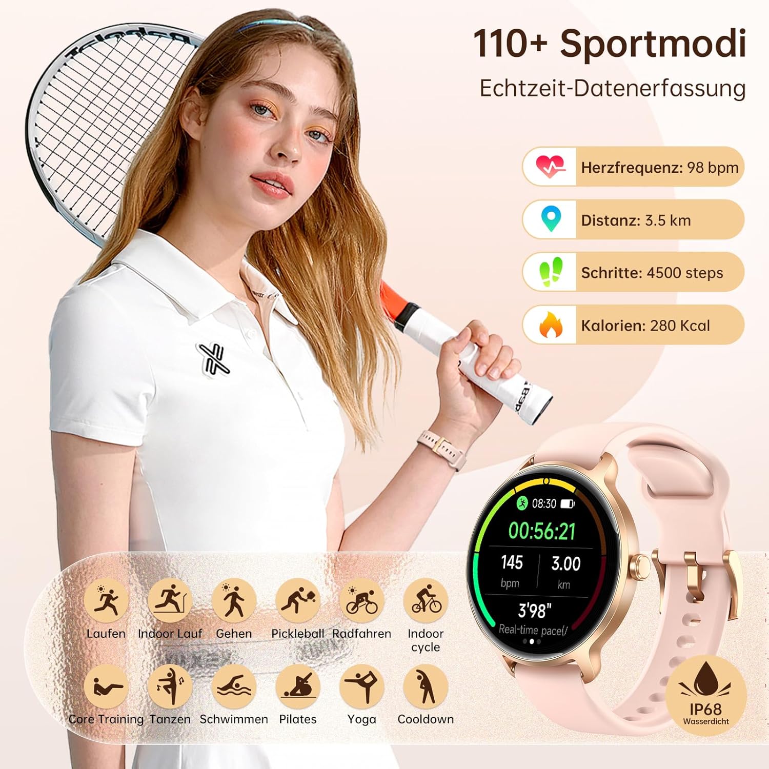 Damen Runde Smartwatch, 1,27 Zoll AMOLED Smartwatch mit Telefonfunktion, Fitnessuhr mit Herzfrequenzmesser, SpO2-Schlafmonitor, Schrittzähler, 120+ Sportmodi, Sportuhr, IP68 wasserdicht, Damenuhren für iOS Android – Bild 4