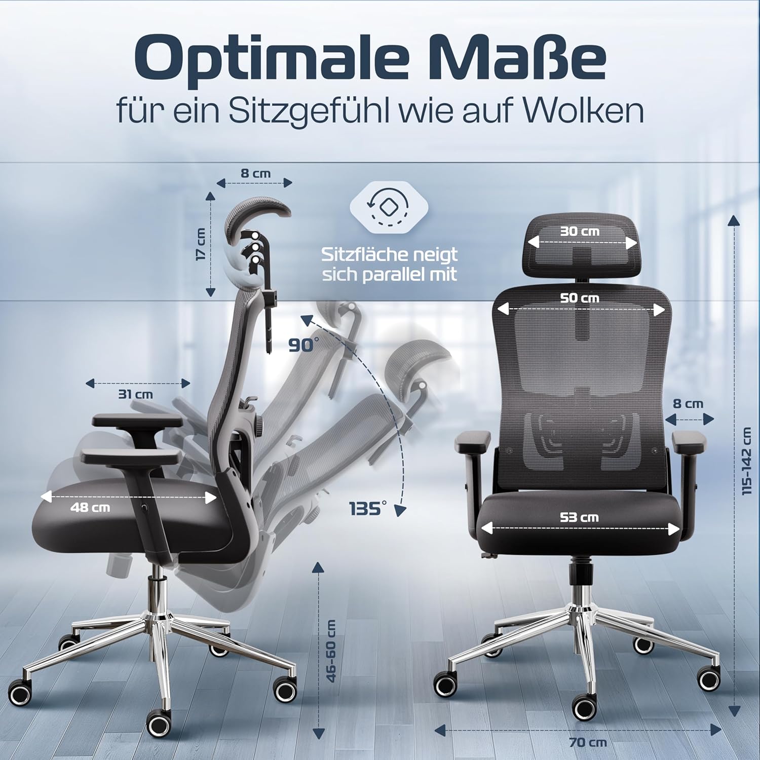 CLOUVOU BrightSeat Ergonomischer Bürostuhl (Testsieger), Schreibtischstuhl, 100 % individuell verstellbar, Bürostuhl und Gaming-Stuhl, Computerstuhl, Home-Office-Stuhl, ergonomischer Drehstuhl, 150 kg – Bild 2