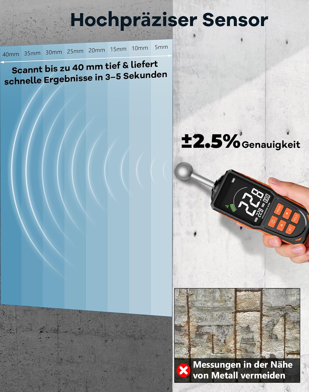 Feuchtigkeitsmesser für Wand und Holz, zerstörungsfreies Feuchtigkeitsmessgerät mit Kugelsensor, 40 mm Tiefenscan, wiederaufladbarer USB-C-LCD-Farbbildschirm-Feuchtigkeitsmesser für Beton, Estrich, Wohnmobil-Inspektion – Bild 2