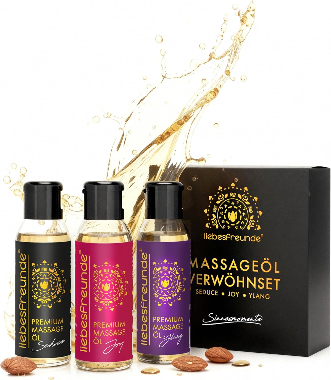 Liebesfreunde Massageöl Geschenkset – 3 x 50 ml Wellnessöl zur Entspannung, erotisches Massage Geschenkset für Damen & Herren