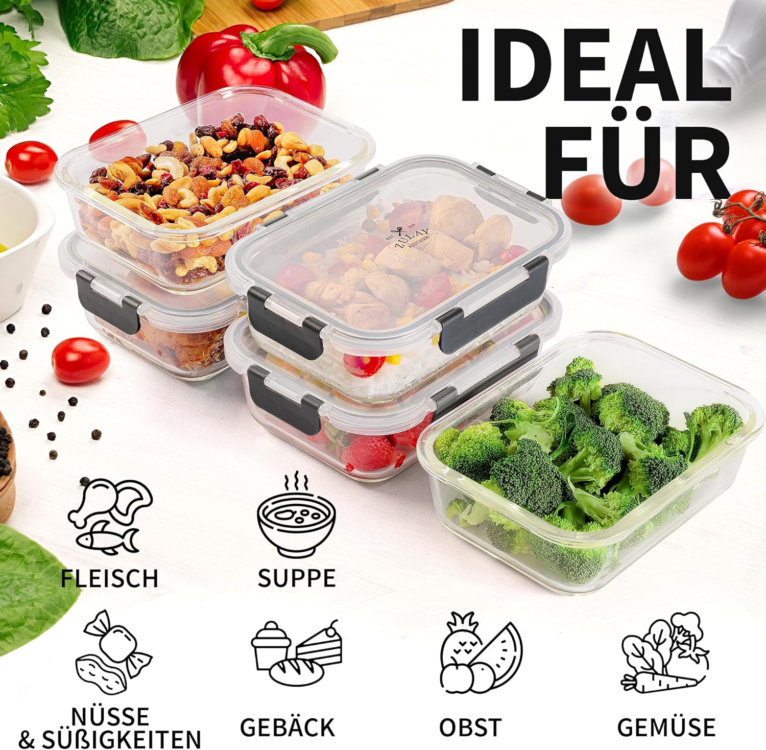 Zulay 5er-Set Frischhaltedosen aus Glas für die Zubereitung von Mahlzeiten, 1020 ml, Tupperware-Set aus Glas mit luftdichten Deckeln – Gläser für die Zubereitung von Mahlzeiten, spülmaschinen-, mikrowellen-, ofen- und gefriergeeignet, BPA-frei – Bild 5