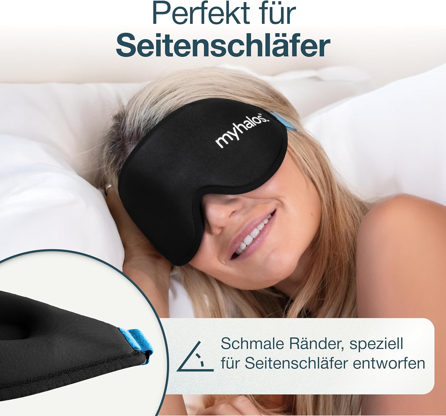 MyHalos 3D-Schlafmaske mit Augenhöhlen – Augenmaske zum Schlafen ohne Augenabdruck, ideal für Seitenschläfer & Wimpernverlängerung, verstellbar, mit Etui für unterwegs – Bild 2