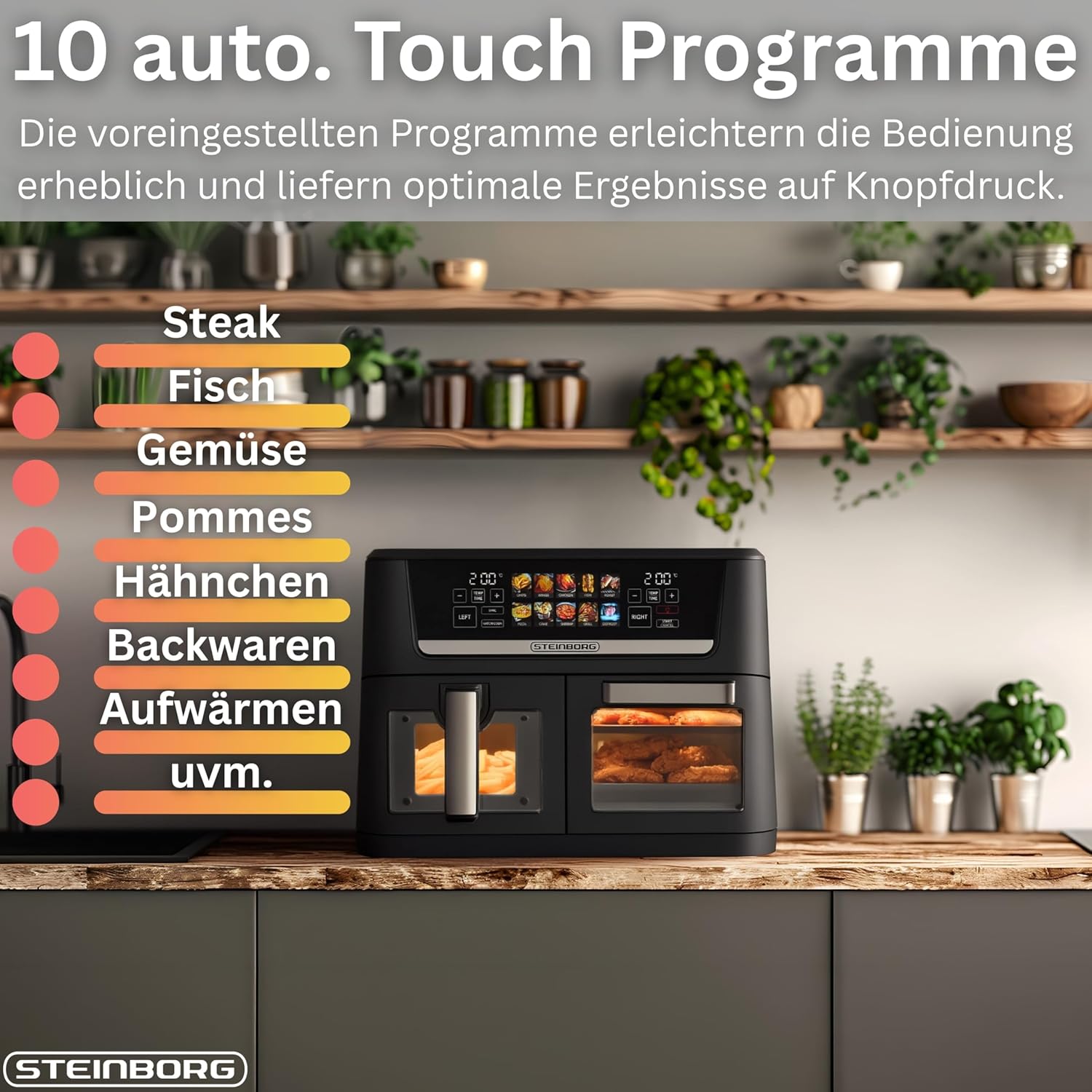 Steinborg® XXL Heißluftfritteuse, Dual-Zone, 14 Liter (8 l + 6 l), Luftfritteuse 1700 W mit 2 Kammern und 2 unabhängigen Kochzonen, Digitalanzeige, 10 Programme, 60–200 °C, Ölfrittierkorb, spülmaschinenfester Korb – Bild 4