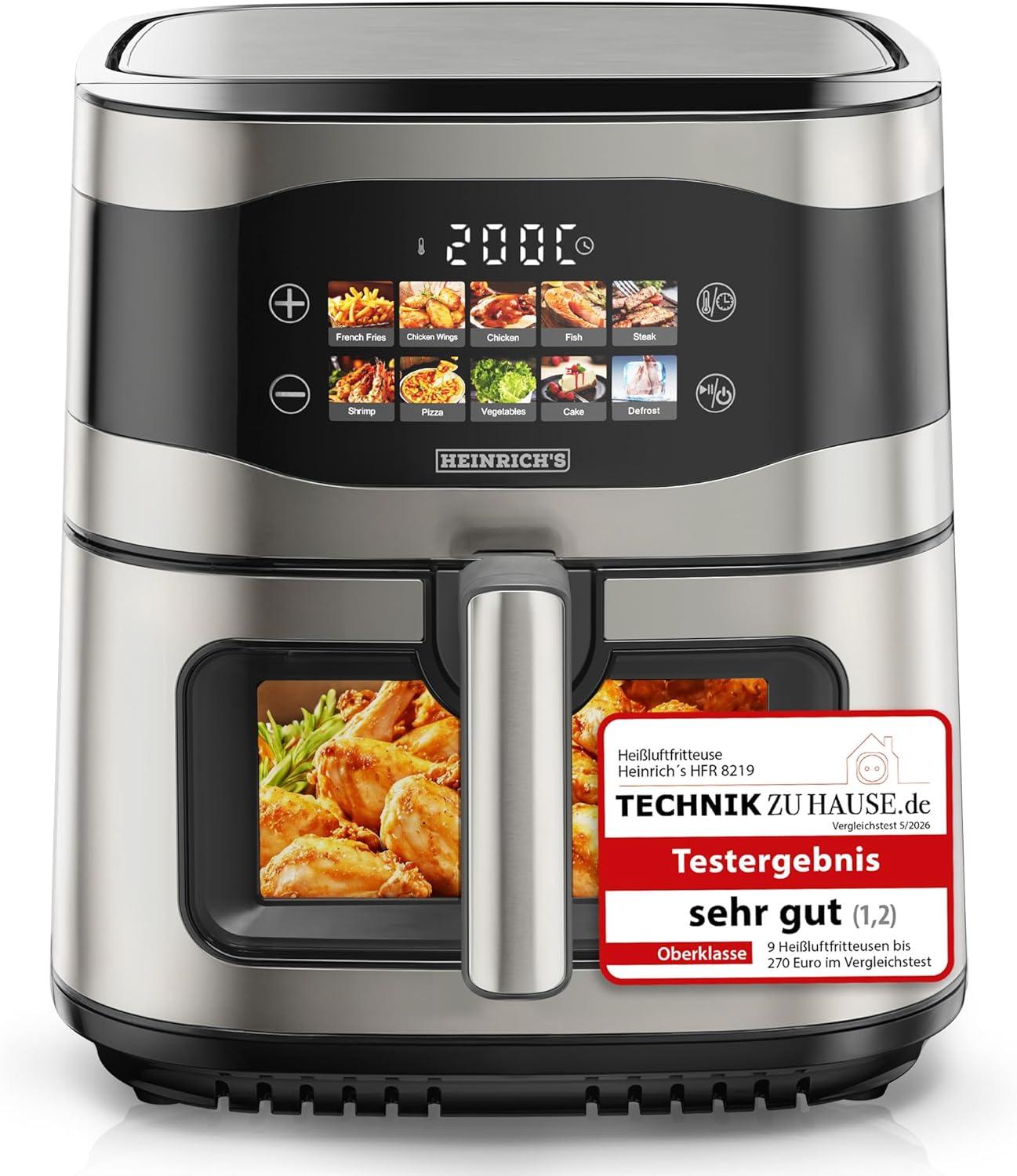 HEINRICHS Heißluftfritteuse, 9 Liter XXL-Luftfritteuse, 10-in-1-Heißluftfritteuse, LED-Display mit Sensor-Touch-Steuerung, fettfreie Zubereitung, inklusive Timer, platzsparend, spülmaschinenfester Korb, 1800 W