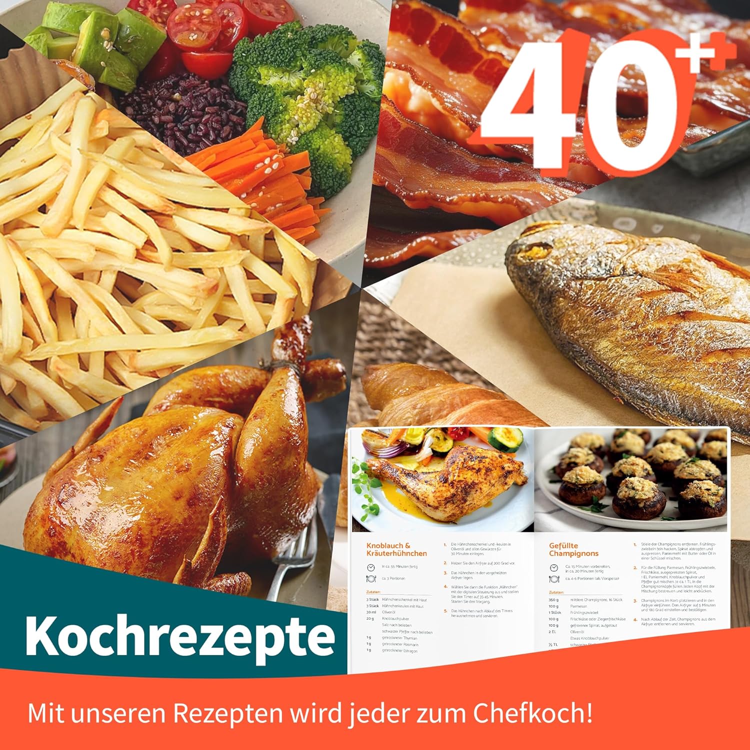 aeco Compact AirFryer 4,3 Liter Heißluftfritteuse mit digitalem Touch-Display, 1500 Watt, 80°-200° verstellbar, 8 Programme, inklusive Rezeptbuch – Bild 7