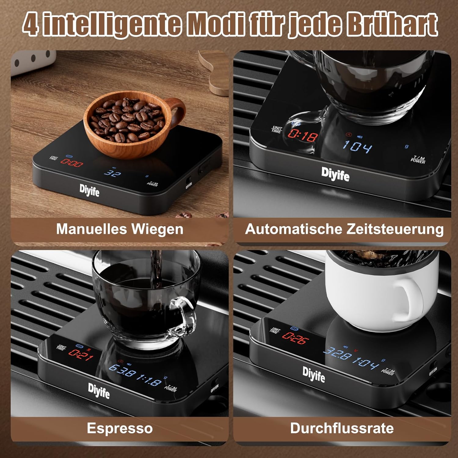 Diyife Digitale Mini-Kaffeewaage mit Timer, 0,1 g hochpräzise wiederaufladbare tragbare Espressowaage, dreiteiliges Display, selbststartend, lautlos und Signalton, für Übergießen, Espresso – Bild 5