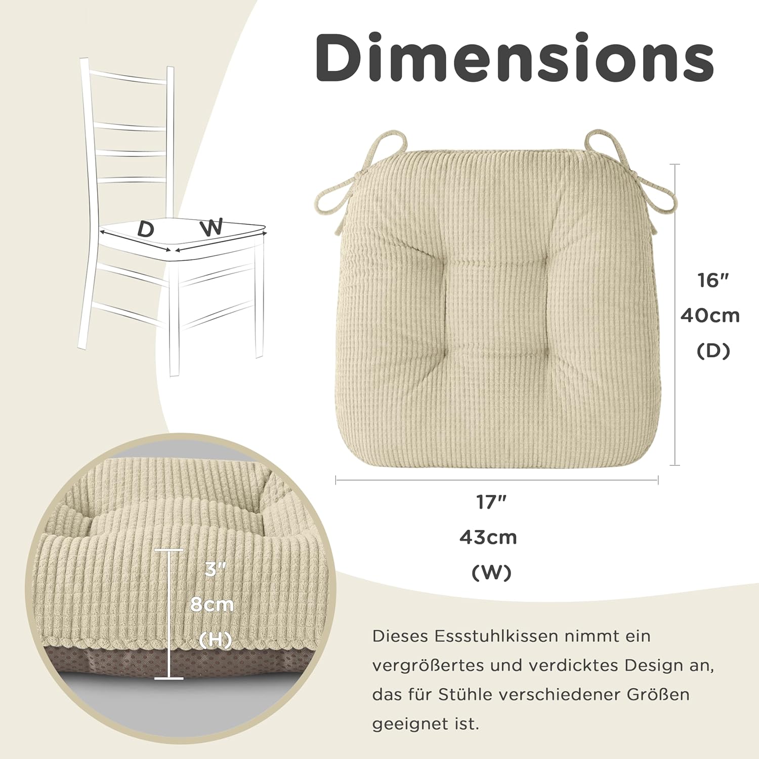 AddGrace Sitzkissen für Esszimmerstühle, 4er-Set, rutschfeste Küchensitzkissen mit Bändern, gequetschte dicke Sitzkissen für Küchen- und Esszimmermöbel, 43 x 40 x 8 cm, Beige – Bild 2