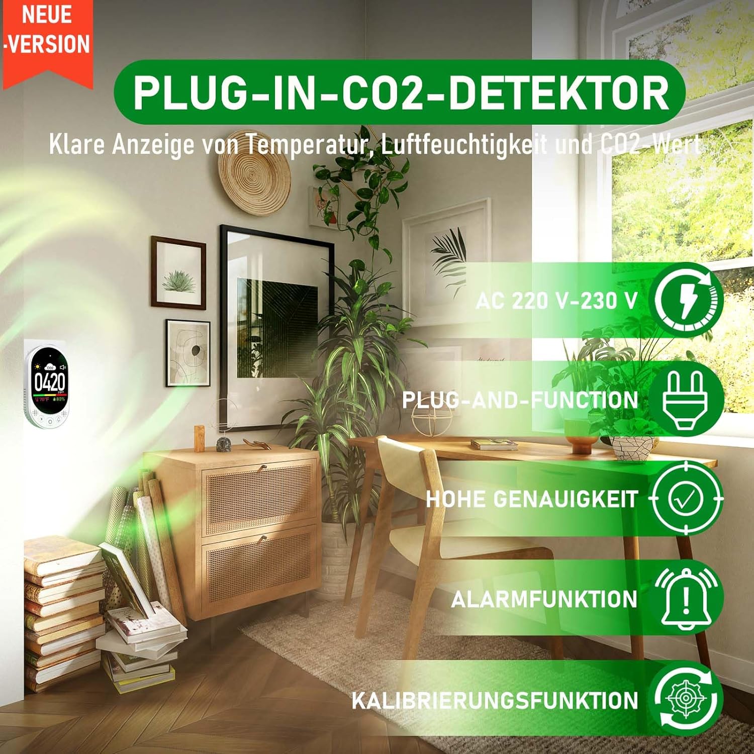 LSENLTY Kohlendioxid-Messgerät, 3-in-1-CO2-Messgerät (Temperatur, Luftfeuchtigkeit und CO2-Wert), hochpräzises CO2-Detektormessgerät, Luftqualitätstester mit Alarmfunktion und manueller Kalibrierung – Bild 2