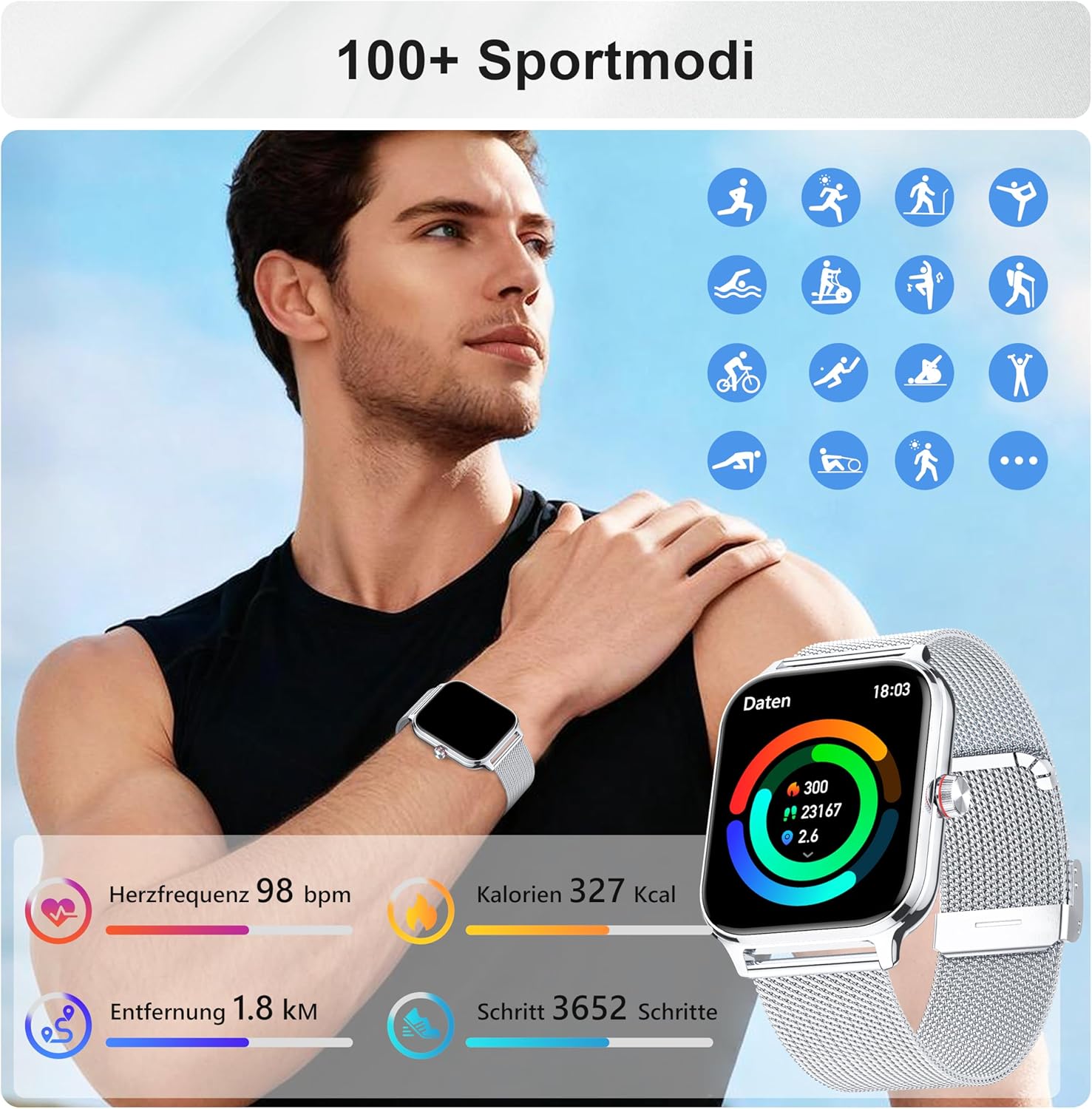 LODIMEKE Smartwatch Herren Damen Telefonfunktion Blutdruck Herzfrequenz Schlaf 1,96 Zoll AI Fitnessuhr 100+ Sportmodi, IP67 Wasserdicht Schrittzähler Wecker Rechner Visitenkarte iOS Android – Bild 4