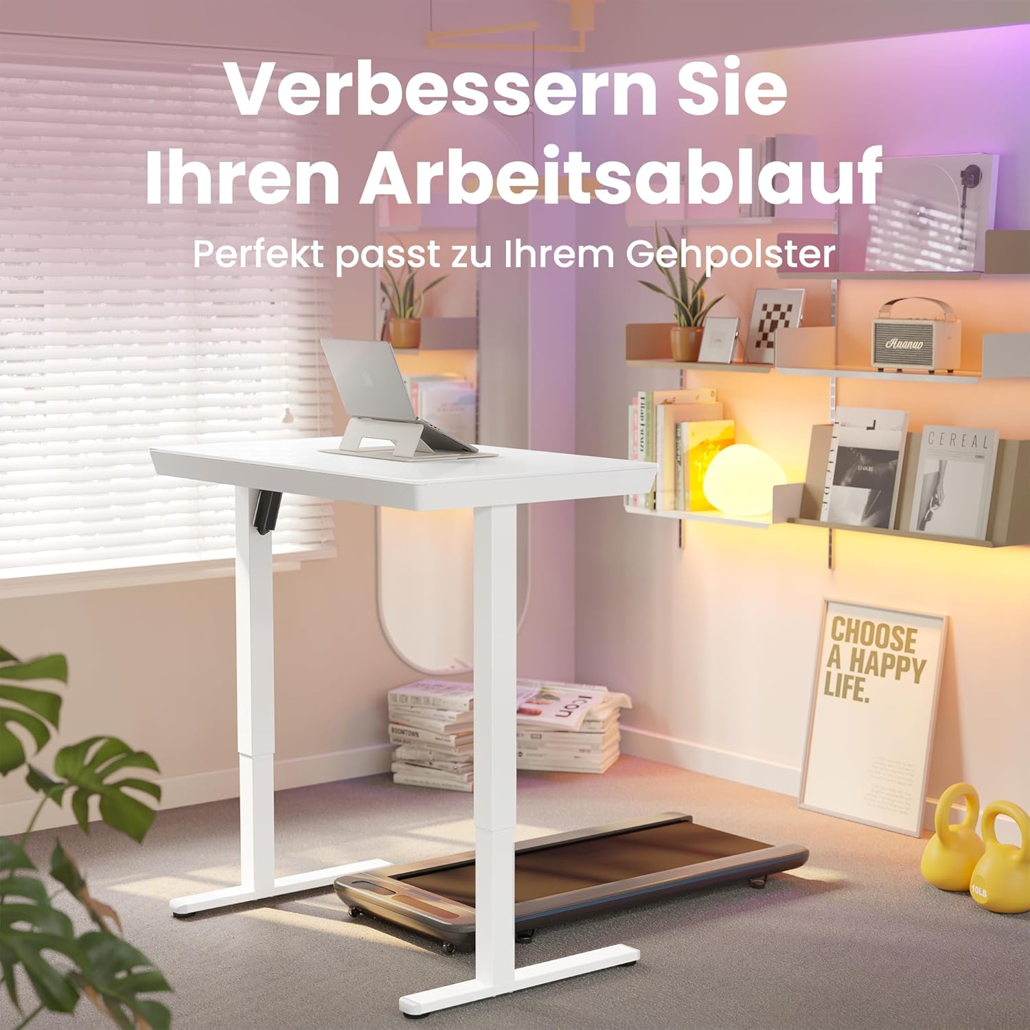 HUANUO 88 x 50 cm höhenverstellbarer Schreibtisch aus Glas mit Schublade, höhenverstellbarer Schreibtisch, ganze Tischplatte, USB-Ladeanschluss und 3 Speicherfunktionen, Weiß – Bild 3