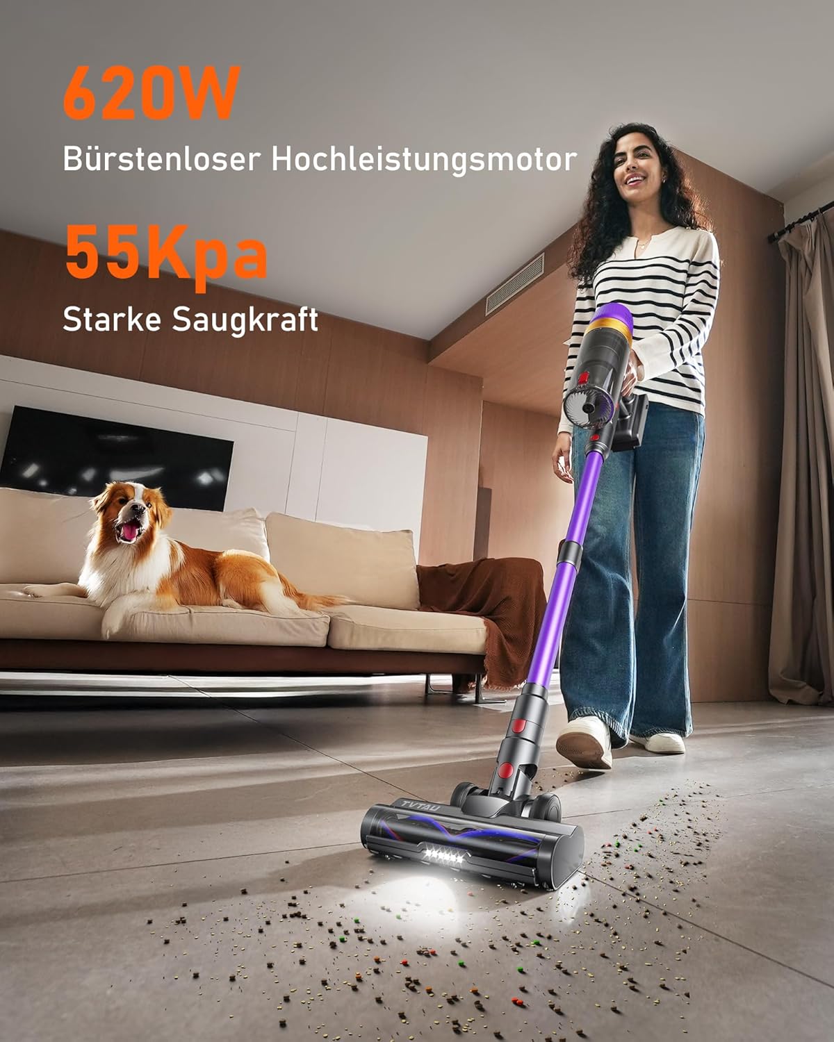 Akku-Staubsauger Testsieger 55000Pa/75min/1,8L Beutelloser, selbststehender Griff-/Stabstaubsauger mit Anti-Tangle & Ladestation – Stark für Tierhaare/Teppich/Hartboden/Auto (Lila) – Bild 3