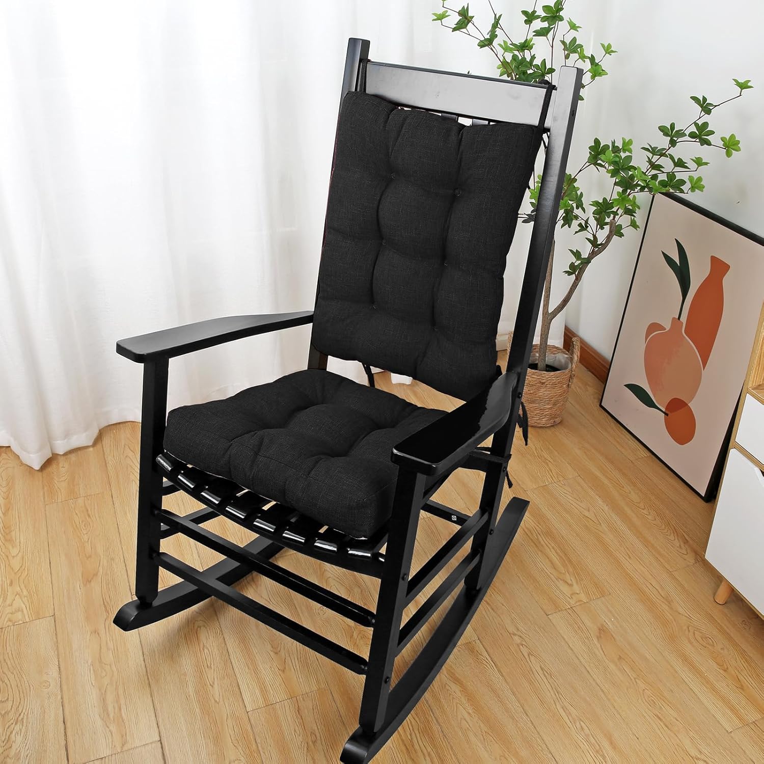BUYUE Stuhlkissen-Set für Schaukelstuhl, Rückenkissen und Sitzkissen mit Bändern, original gewebte, rutschfeste Stuhlpolster für ältere Menschen, Schwarz – Bild 6
