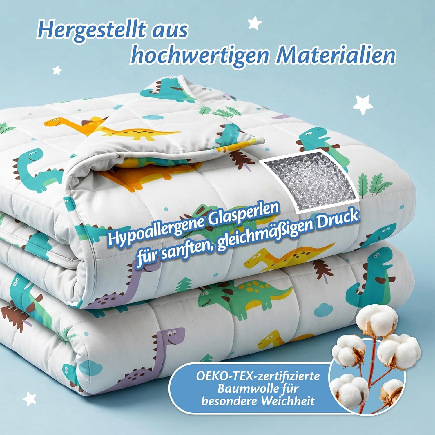 Ella Gewichtsdecke für Kinder, 2,4 kg, 90 x 120 cm – Therapiedecke zum Stressabbau und Angstzuständen, hypoallergene Glasperlen, weiche und kühlende Außenschicht aus Baumwolle für Kinder von 15–25 kg – Dino – Bild 6