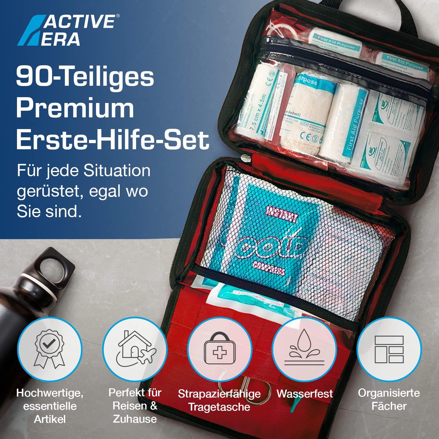Premium-Erste-Hilfe-Set mit Sofort-Kühlakkus, Augenspülung, Rettungsdecke für Zuhause, Büro oder Auto, Rot – Bild 2