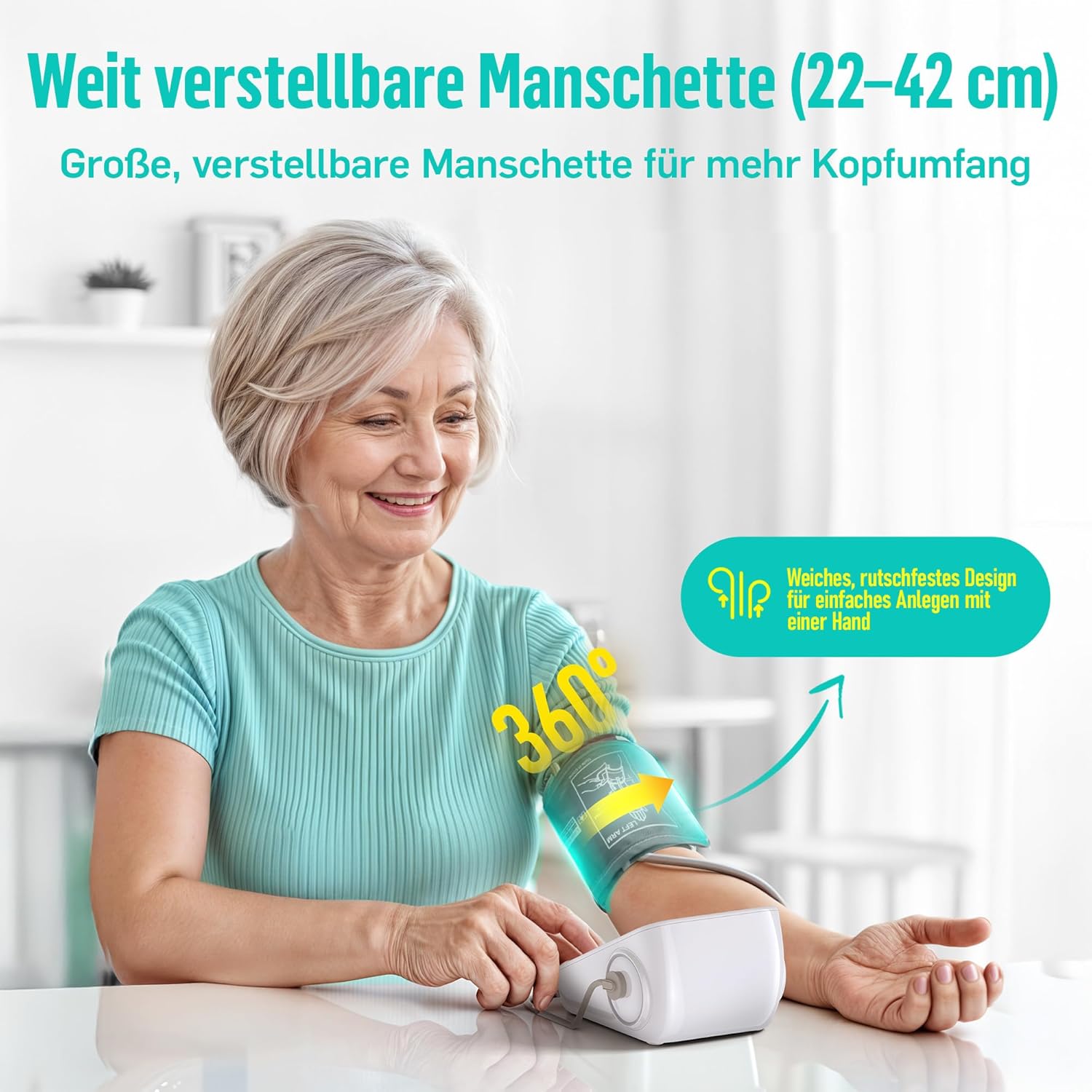 RunStar Oberarm-Blutdruckmessgerät mit breiter Manschette (22 cm – 42 cm) für den Heimgebrauch, automatisches digitales Blutdruckmessgerät mit Aufbewahrungstasche, 2 x 99 Messwertspeicher, grau – Bild 4