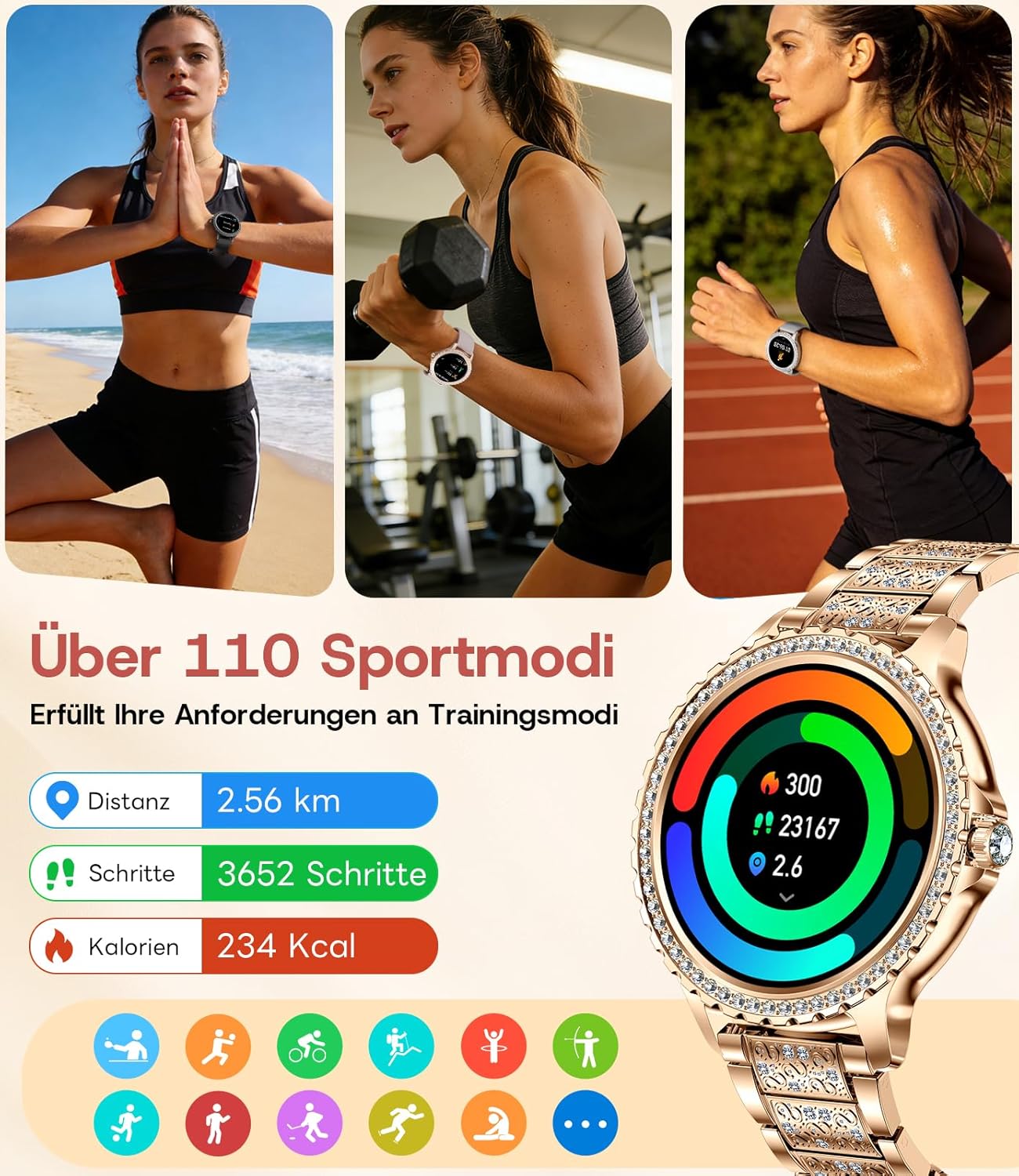 Damen-Smartwatch mit Telefonfunktion, 1,32-Zoll-Uhr mit Diamanten, Fitnessuhr für Android iOS, Menstruationszyklus/Herzfrequenz/Schrittzähler, 500+ Zifferblätter, 2 Armbänder, Roségold – Bild 6