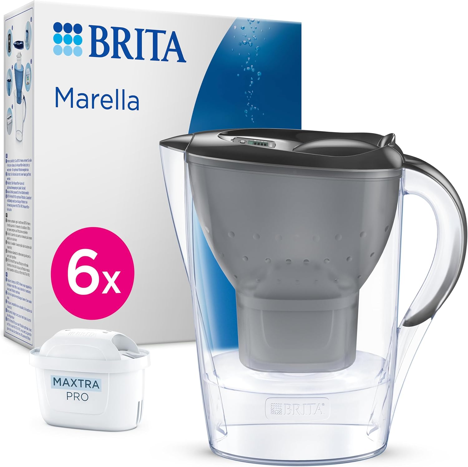BRITA Marella Wasserfilterkanne Graphite (2,4 L) inkl. 6x Maxtra Pro Pure Performance Kartuschen (Halbjahrespackung), kühlschrankgeeignet, Filterkanne mit Brita Memo, Klappdeckel, filtert Verunreinigungen