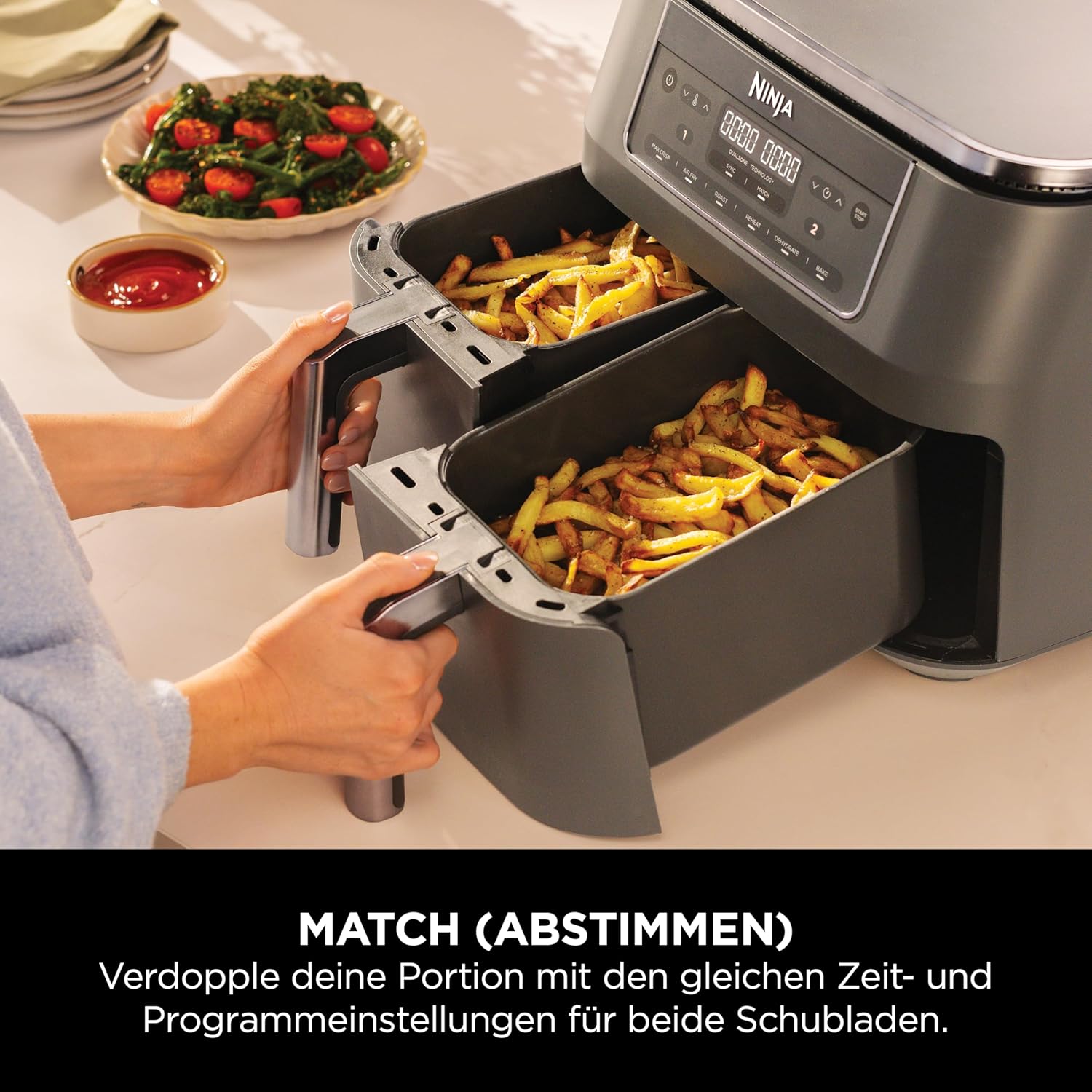 Digitale Heißluftfritteuse mit zwei Zonen von Ninja, 2 Schubladen, 6-in-1, ölfreie Heißluftfritteuse, 7,6 l, Heißluftfritteuse, maximale Knusprigkeit, Braten, Backen, Aufwärmen, spülmaschinenfeste Körbe, Metallic-Grau DZ300EU – Bild 4
