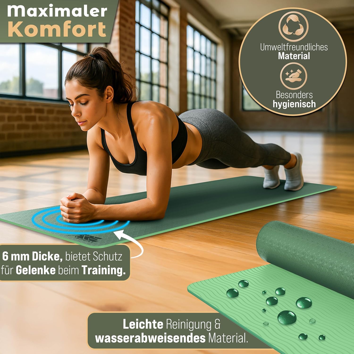 RE:SPORT Yogamatte, Phthalatfrei, Gymnastikmatte, rutschfest, Fitnessmatte, schadstofffrei, Trainingsmatte mit Tragegurt, 183 x 61 x 0,6 cm – Bild 6