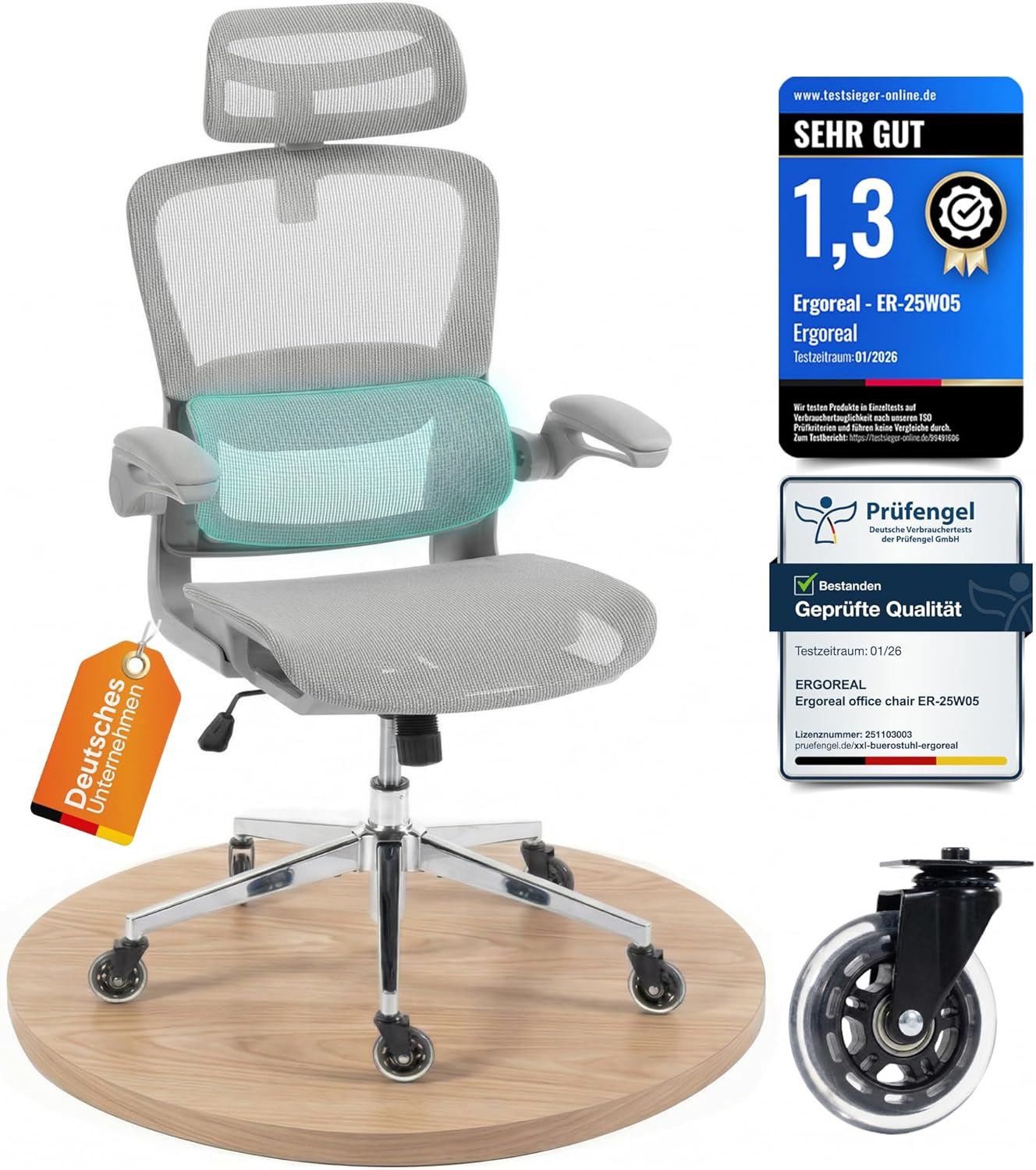 Ergonomischer Bürostuhl mit 150 kg Tragkraft, verstellbaren Armlehnen, dynamischer Lordosenstütze, Wippfunktion – Büro- & Gamingstuhl für Home Office, atmungsaktives Netz, Grau
