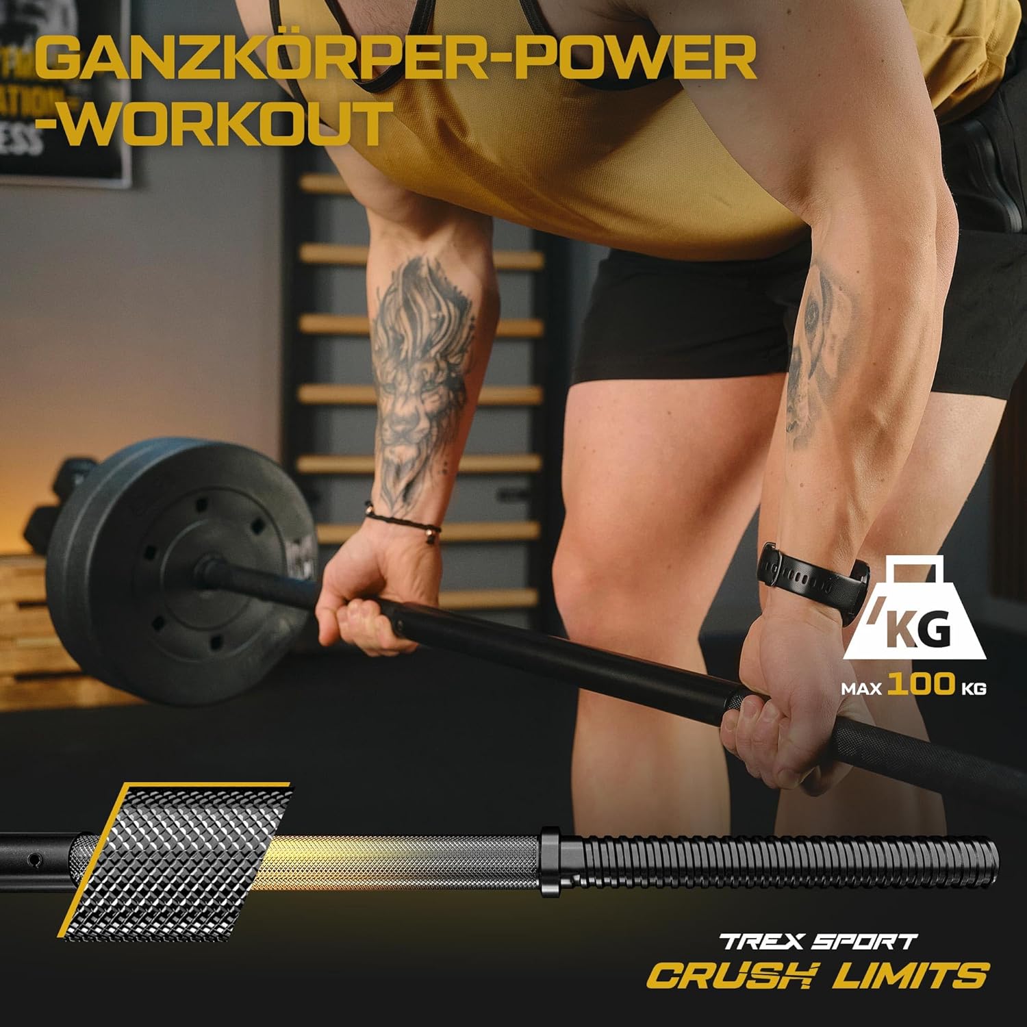 TREX SPORT Langhantelset 28 kg | Hantelset mit Langhantelstange 150 cm aus Stahl und 12 Hantelscheiben aus Kunststoff in Schwarz mit mattem Finish | Für das Krafttraining zu Hause – Bild 3