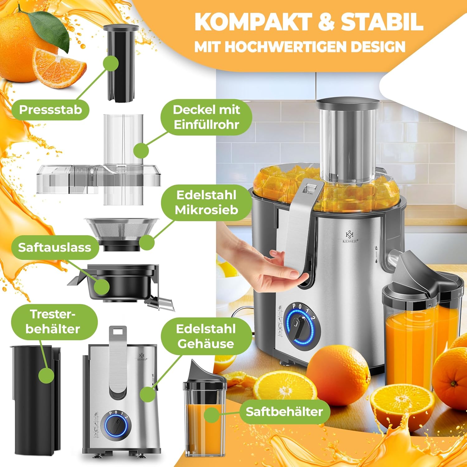 KESSER® Entsafter für Obst und Gemüse aus Edelstahl 1100W große 85 mm Einfüllöffnung inkl. Entsafter, Reinigungsbürste und Saftbehälter, 3 Geschwindigkeitsstufen – Bild 2