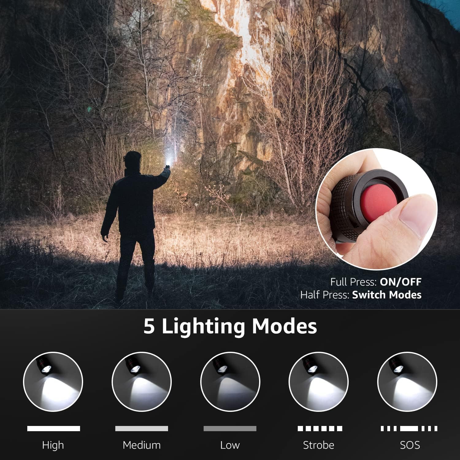 Lepro LED-Taschenlampe, LE2000, extrem helle kleine Taschenlampen, batteriebetrieben mit 5 Modi, zoombare Camping-Handlampe, wasserdicht, praktische Taschenlampe für draußen, Wandern, Angeln, Hundespaziergang – Bild 3