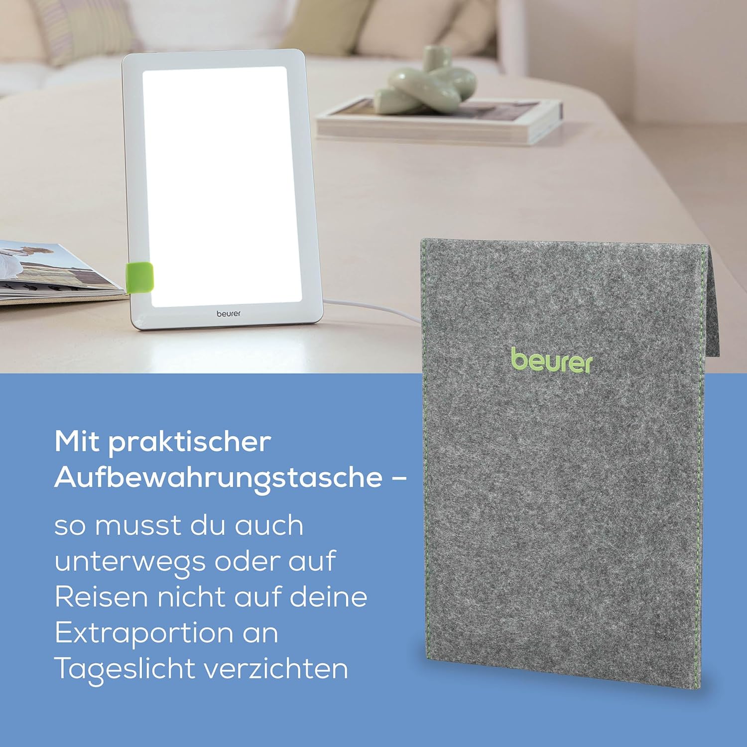 Beurer TL 30 Tageslichtlampe, Simulation von Tageslicht, Lichtstärke ca. 10.000 Lux bei 10 cm Abstand, Medizingerät mit LED-Technologie, flimmer- und UV-frei, mit variablem Stativ und Tasche – Bild 5