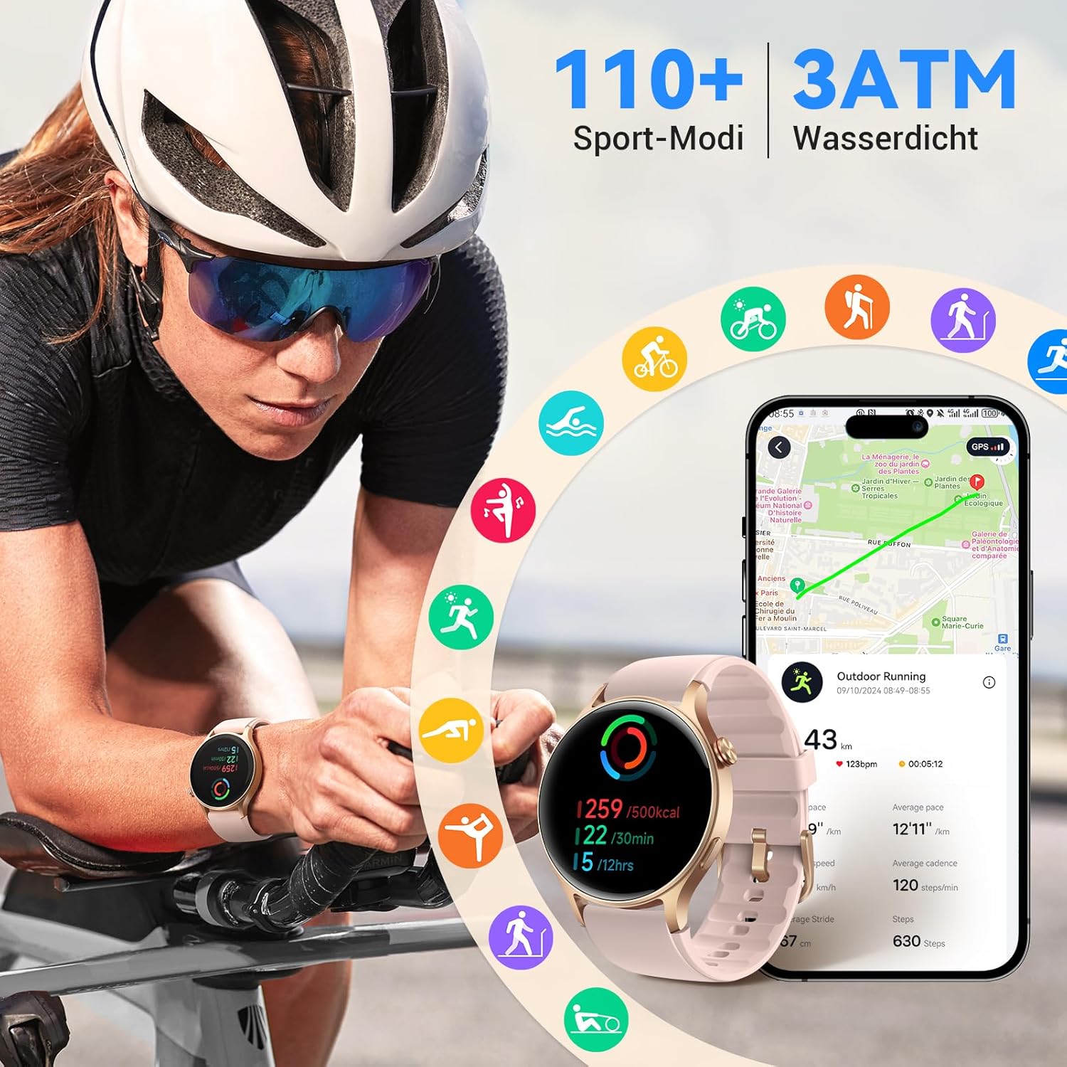 Runde Smartwatch für Damen mit Telefonfunktion, 1,32 Zoll AMOLED-Display, Fitnessuhr mit 110+ Sportmodi & 3ATM, Uhren Damen Herren für iOS/Android, Schrittzähler mit Herzfrequenzmesser/SpO2/Schlafmonitor – Rosa – Bild 5