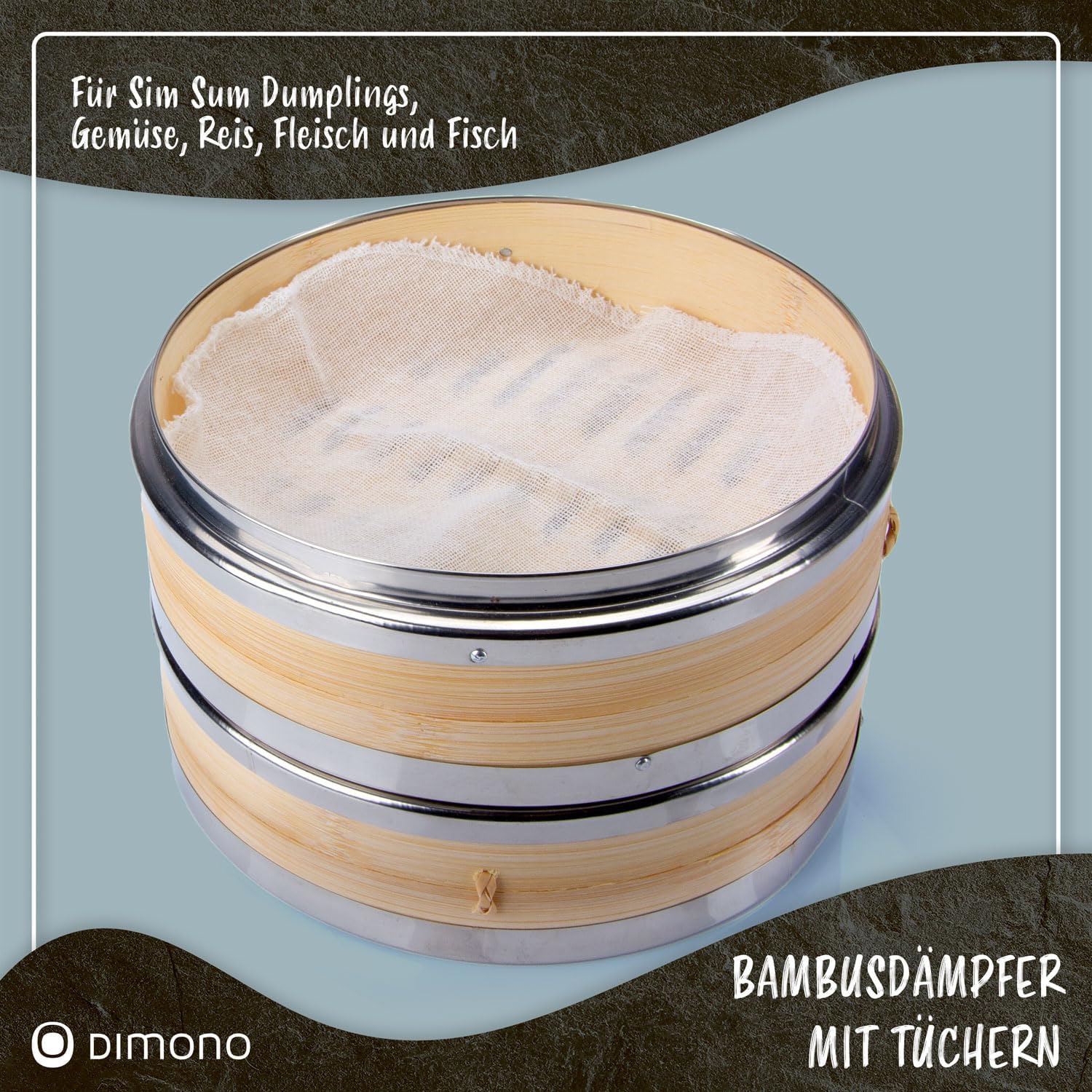 Dimono Bambusdampfgarer mit Edelstahl, 2 Etagen Bambusdampfgarer mit Deckel, Dampfgaraufsatz und Dampfgarkorb für Sim Sum Knödel, Gemüse, Reis, Fleisch und Fisch (Durchmesser 20 cm) – Bild 4