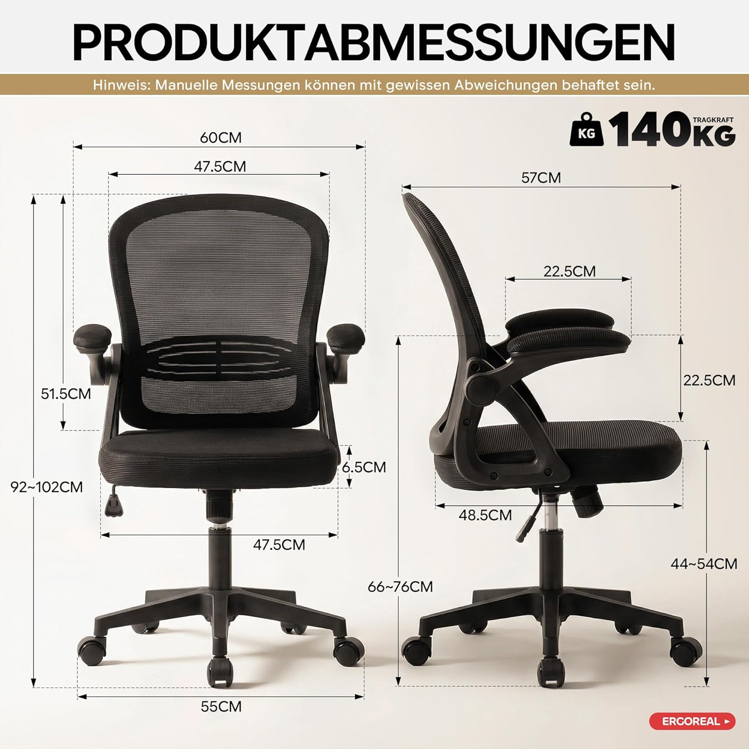 25W02 Ergonomischer Bürostuhl, 90-110° verstellbare Rückenlehne & klappbare Armlehnen (90°), Bürostuhl mit Rollen & Höhenverstellung, Heimbüro & Arbeitszimmer (Tiefschwarz) – Bild 3
