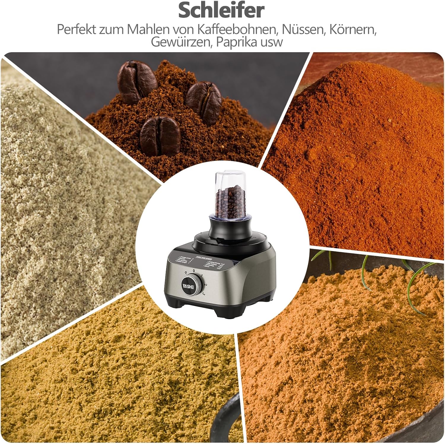 YASHE Multifunktions-Küchenmaschine, 11-in-1-Mixer, Mixer, Zerkleinerer, Entsafter und Teigmaschine mit 2,5-l-Schüssel und 1,5-l-Rührbehälter, 1300 W, 3 Geschwindigkeiten, Pulse-Funktion, Sicherheitsverriegelung – Bild 8