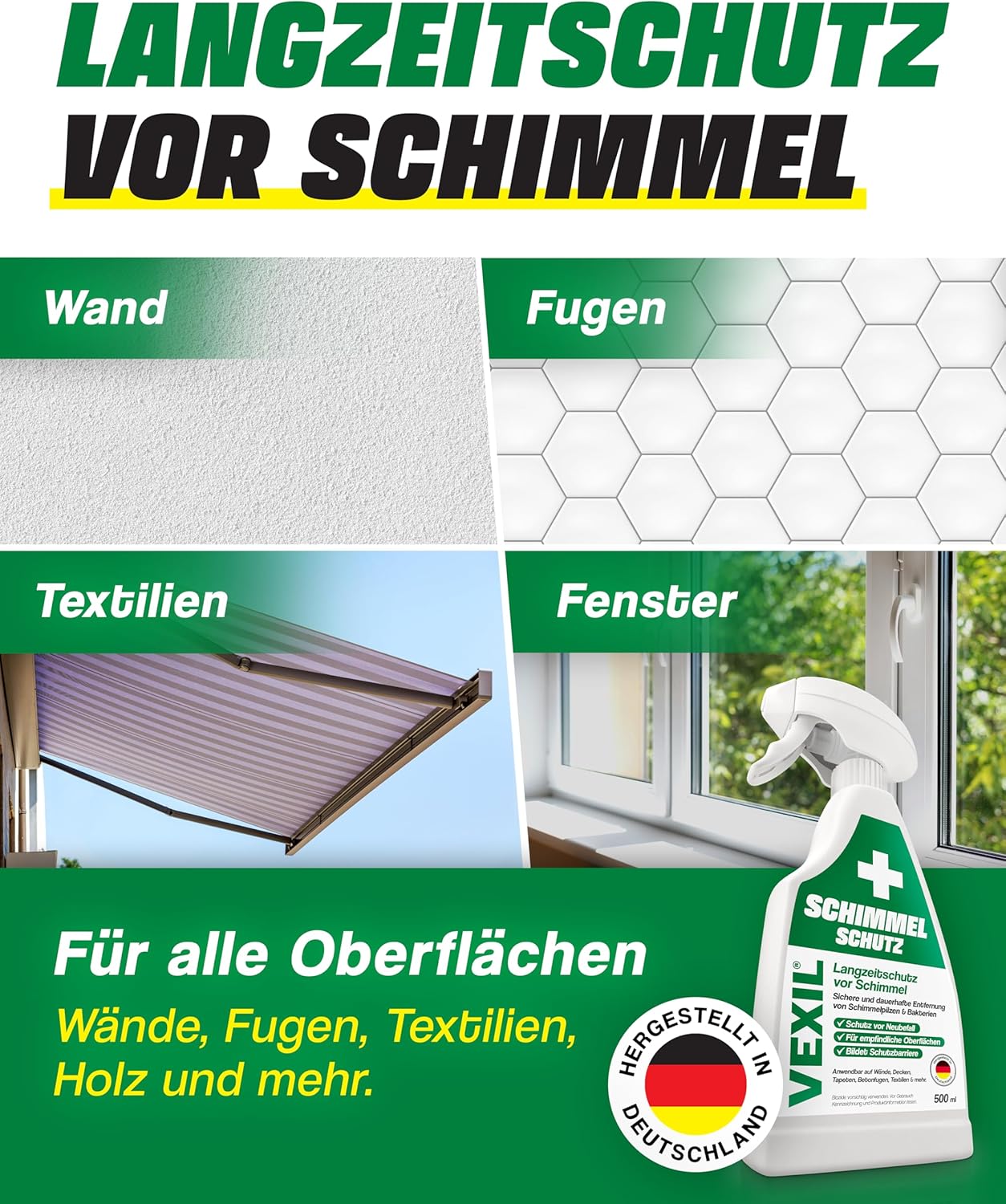 VEXIL Profi Schimmel Komplettset – Schimmelentferner & Schimmelschutz – inkl. Handschuhe, FFP3-Maske & 3 Fugenbürsten – Schimmel entfernen & bis zu 18 Monate vorbeugen – 2 x 500 ml – Hergestellt in Deutschland – Bild 5