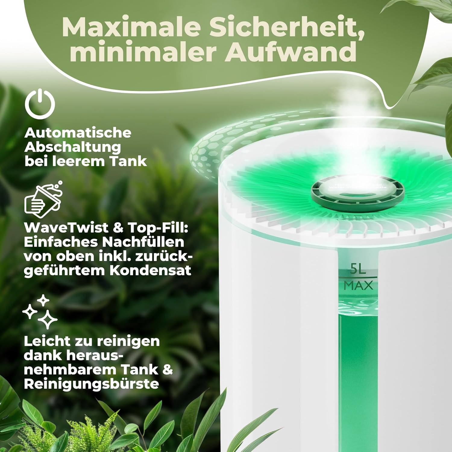 WOHLGRÜN TAU360 Luftbefeuchter 5L – Ultraschall-Luftbefeuchter für Pflanzen & Schlafzimmer, leiser Raumbefeuchter, Hygrometer-Sensor, Wachstumszelt, bis zu 30 m² – Bild 7