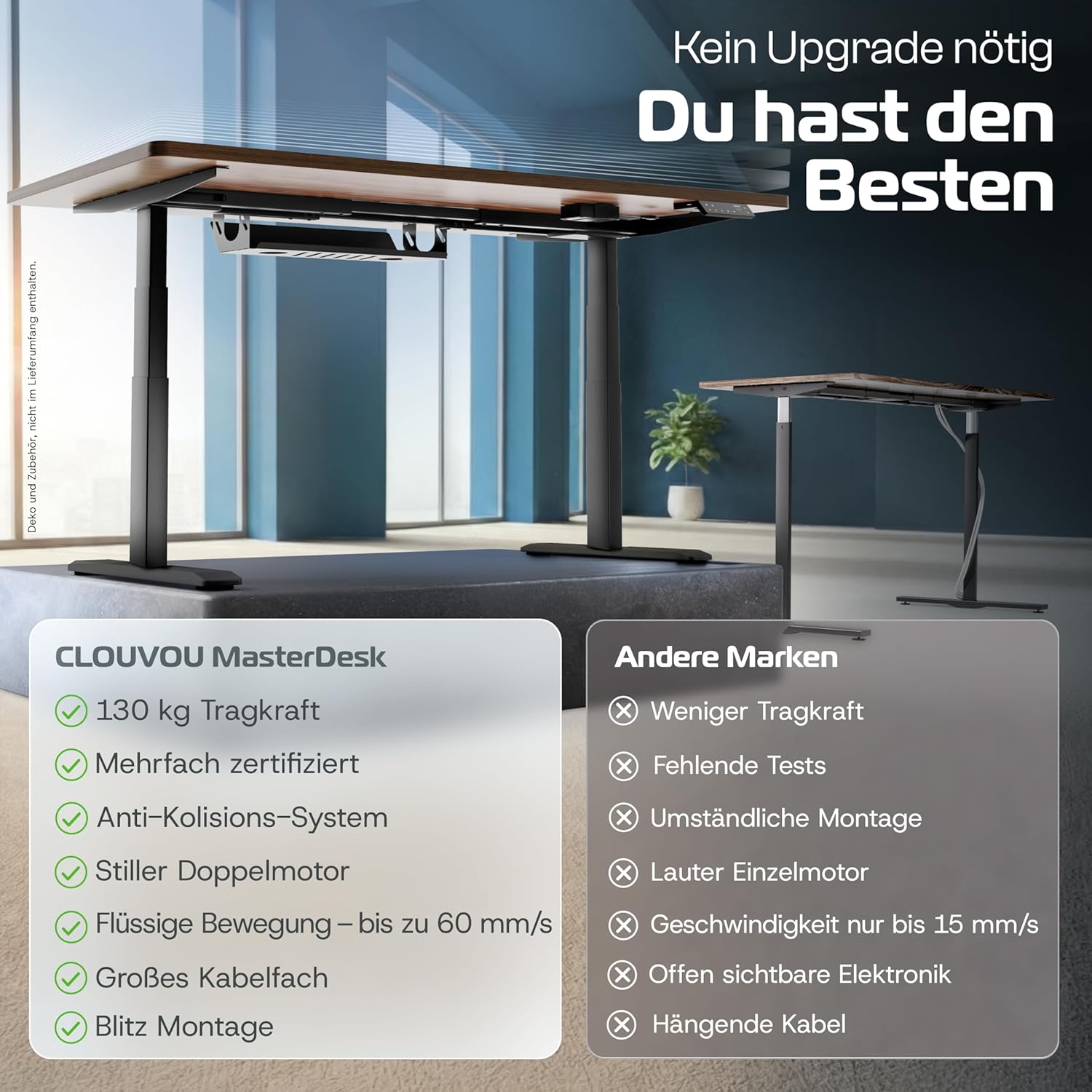 CLOUVOU MasterDesk höhenverstellbarer elektrischer Schreibtisch 160 x 80 cm (Testsieger). Dualmotorischer Schreibtisch, höhenverstellbarer elektrischer Schreibtisch mit Speicher, 2 x USB und Kabelversteck – Bild 6