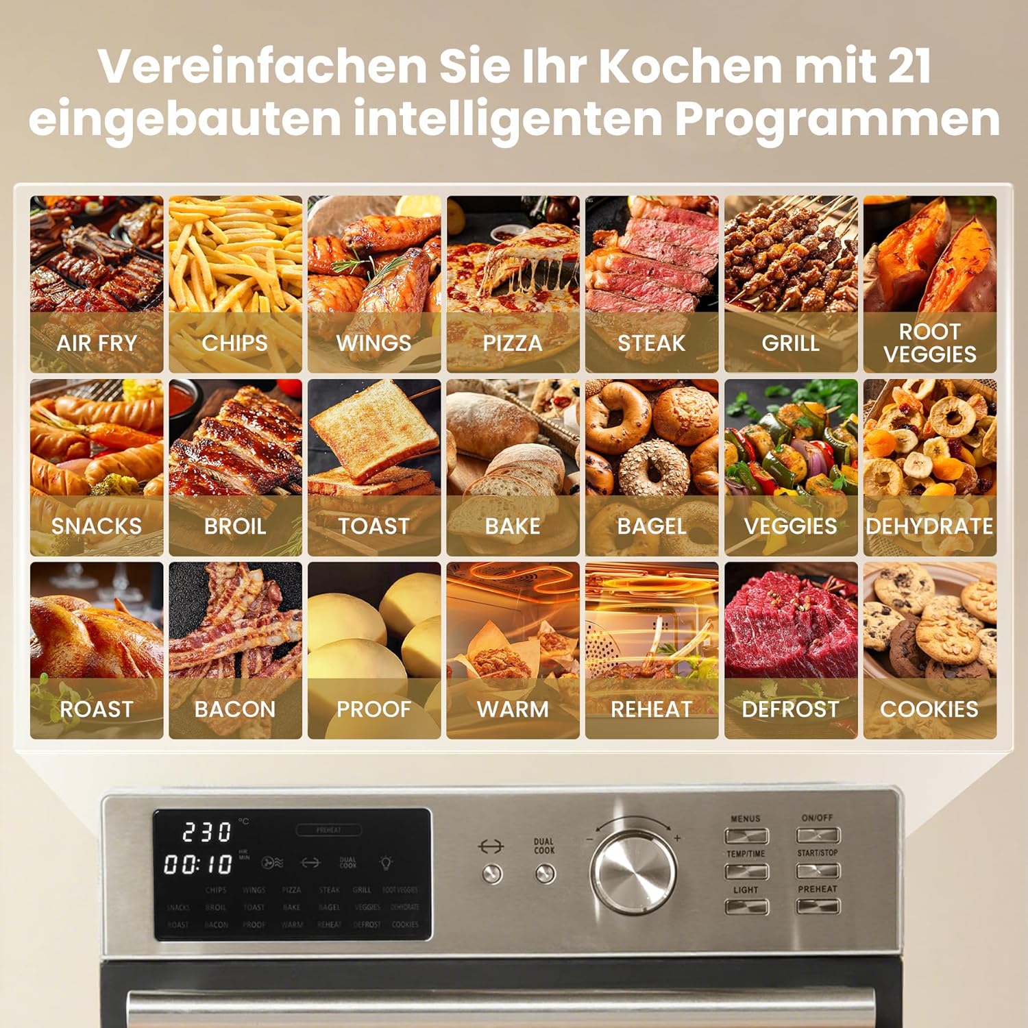 Heißluftfritteuse XXL 1800 W, 30 °C – 230 °C Luftfritteuse, großes Fassungsvermögen für Familie mit Tür, Drehspieß, Grill, Joghurtbereiter, Toaster, Dörrgerät mit Dual Cook (Silber) – Bild 6