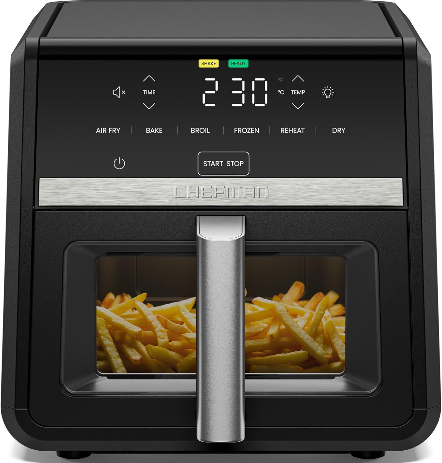 Chefman TurboFry Heißluftfritteuse, 8,5 l, 6-in-1-Hochleistungs-230 °C-XL-Korb mit Sichtfenster, Heißluftfritteuse, Backen, Grill, Aufwärmen, Flüssigkeitszufuhr, Auftauen, Schwarz