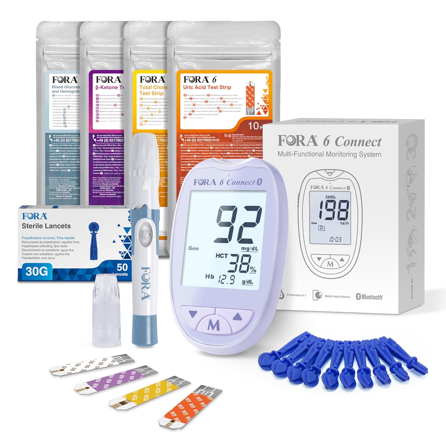 FORA 6 Connect | 4-in-1-Blutzucker-, Keton-, Cholesterin- und Harnsäuremessgerät | Für den Heimgebrauch | Bluetooth & App | Inklusive Teststreifen und Zubehör, Lavendelviolett