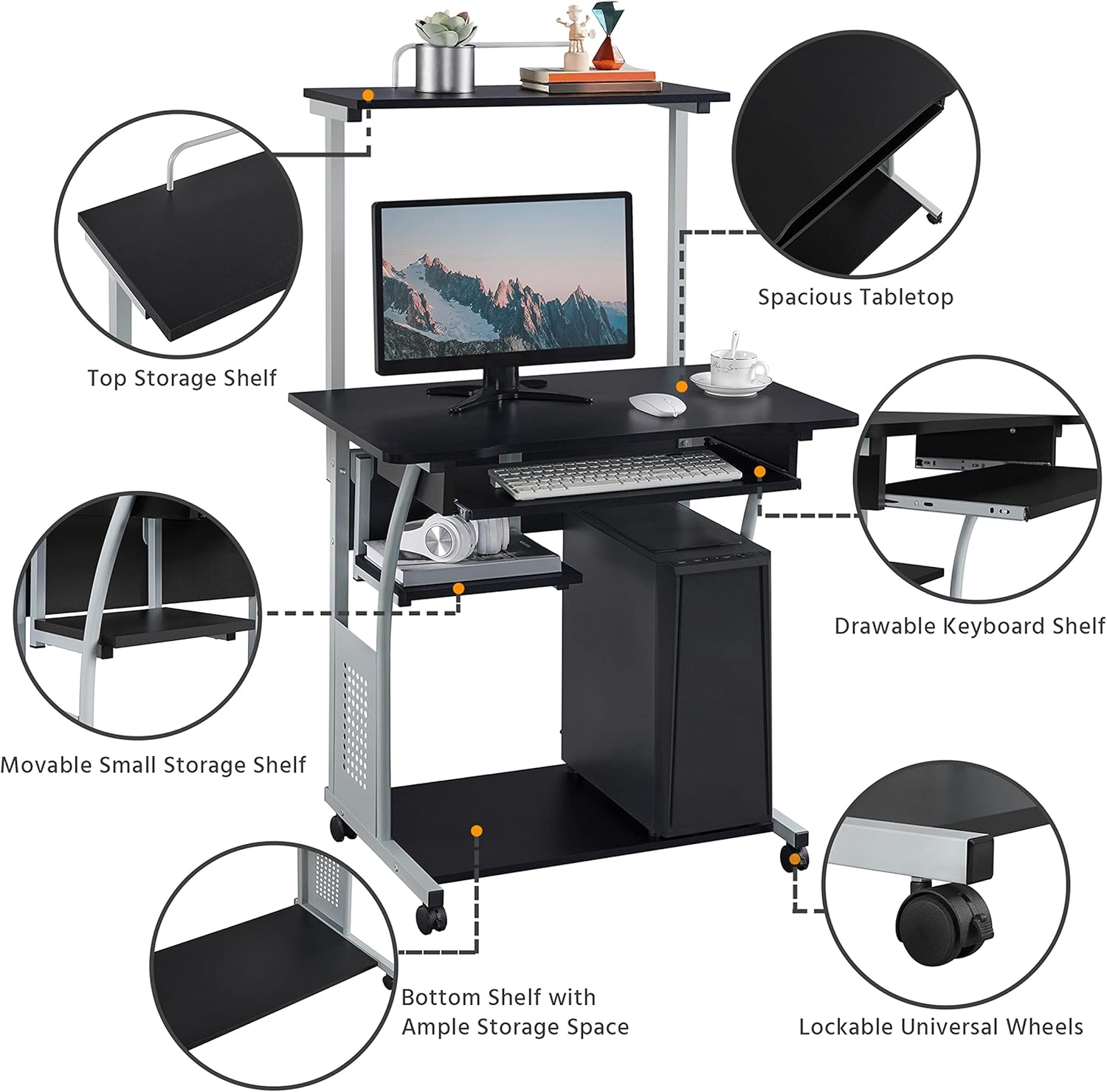 Yaheetech Kleiner Schreibtisch, 80 cm breit, Vintage Computertisch im Industriedesign mit Rollen & Ablage, PC-Tisch mit Tastaturfach aus Holz und Metall, Schwarz – Bild 7