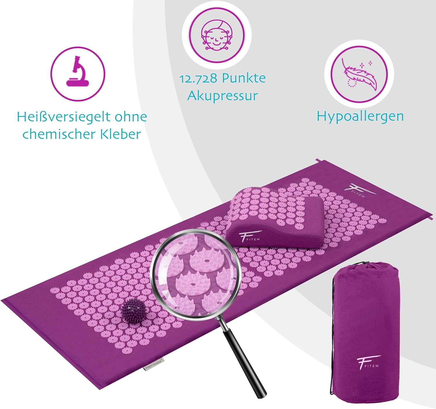 Fitem XL Akupressur-Set – Akupressurmatte + Akupressurkissen – zur Linderung von Rücken- und Nackenschmerzen – Ischias – Rückenmassage + Muskelentlastung + Erholung nach dem Training. – Bild 3