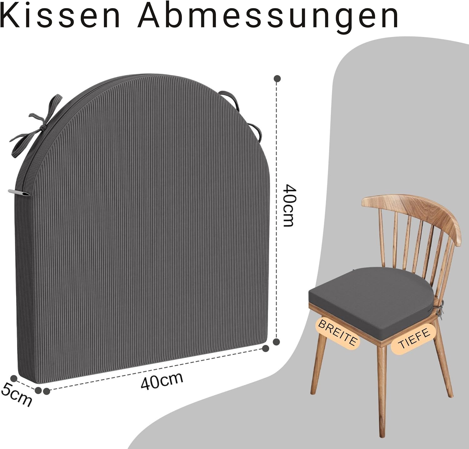 Stuhlkissen 40 x 40 x 5 cm (2er-Set), anthrazit, hochdichter Schaumstoff für den Innen- und Außenbereich, für Küche, Esszimmer, Garten, mit Befestigungsgurten und waschbarem Bezug – Bild 2