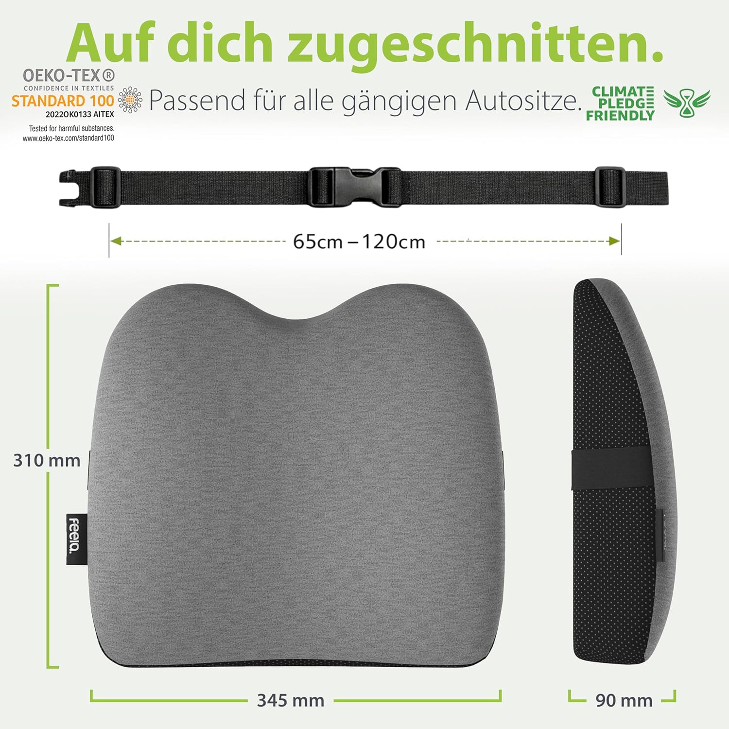 Feela. Ergonomisches Rückenkissen für Auto- und Bürostühle | Rückenstützkissen aus Memory-Schaum für Sitzkomfort und Haltung – verstellbare Passform für Autositze und Bürostühle (Dunkelgrau) – Bild 5