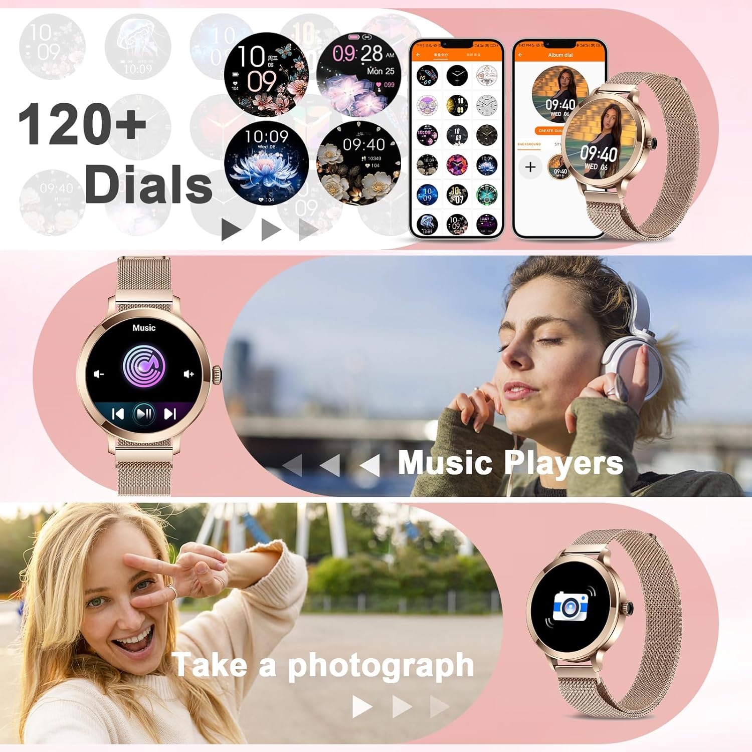 Efolen Damen Smartwatch (2 Armbänder), 1,1 Zoll HD AMOLED Display Smartwatch mit Telefonfunktion, Fitnessuhr, Sportuhr mit 120+ Sportmodi, Schlaftracking, Menstruationszyklus, Uhr für iOS/Android, Roségold – Bild 6