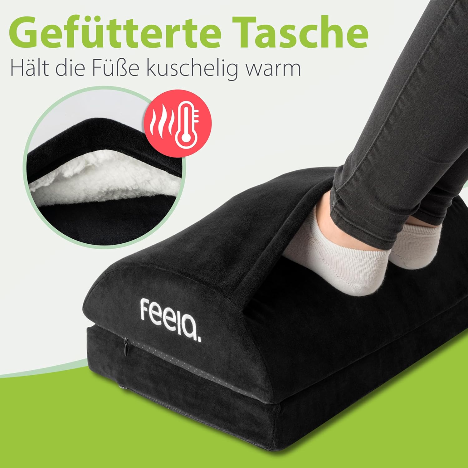 Feela. Fußstützen-Schreibtisch (Vergleichssieger) – Ergonomischer Fußhocker mit Premium-Schaumstoffkern & integriertem Wärmekissen – rutschfest, höhenverstellbar, Schreibtischzubehör (schwarz) – Bild 3