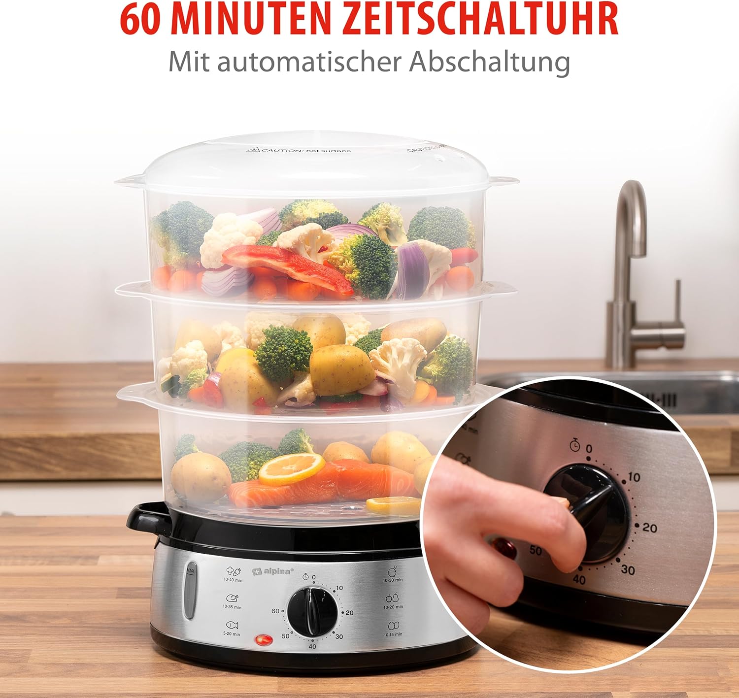 alpina Dampfgarer – Dampfmaschine 230 V/800 W – 3-lagiger Topf – BPA-frei – Dampftopf spülmaschinenfest – in 0 bis 60 Minuten einsatzbereit – 9 Liter Fassungsvermögen – Kunststoff/RVS – Grau – Bild 7