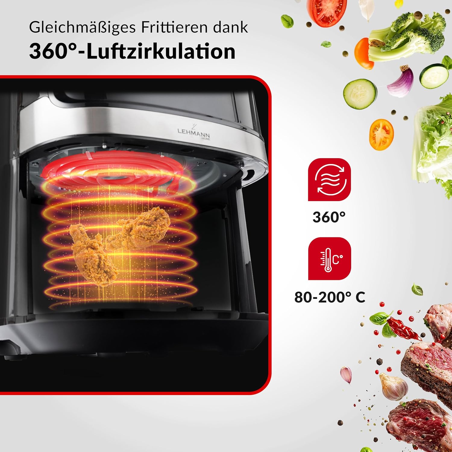 LEHMANN Heißluftfritteuse XL 6,5 l, 8 Programme, große Metallkammer, Digitalanzeige, Timer, Antihaftbeschichtung, spülmaschinenfester Korb, 80–200 °C, Heißluftfritteuse ohne Öl für die Familie – Bild 5
