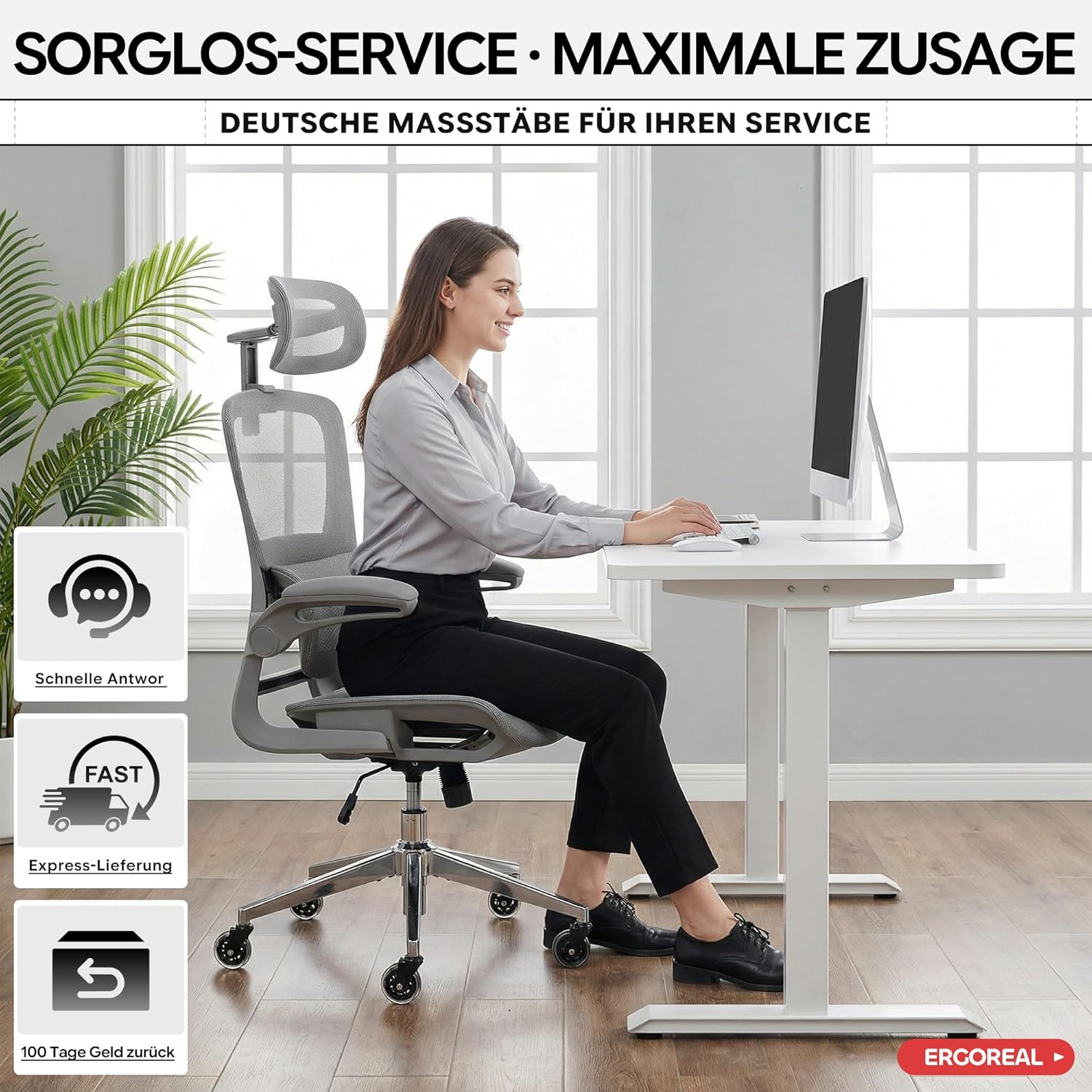 Ergonomischer Bürostuhl mit 150 kg Tragkraft, verstellbaren Armlehnen, dynamischer Lordosenstütze, Wippfunktion – Büro- & Gamingstuhl für Home Office, atmungsaktives Netz, Grau – Bild 8