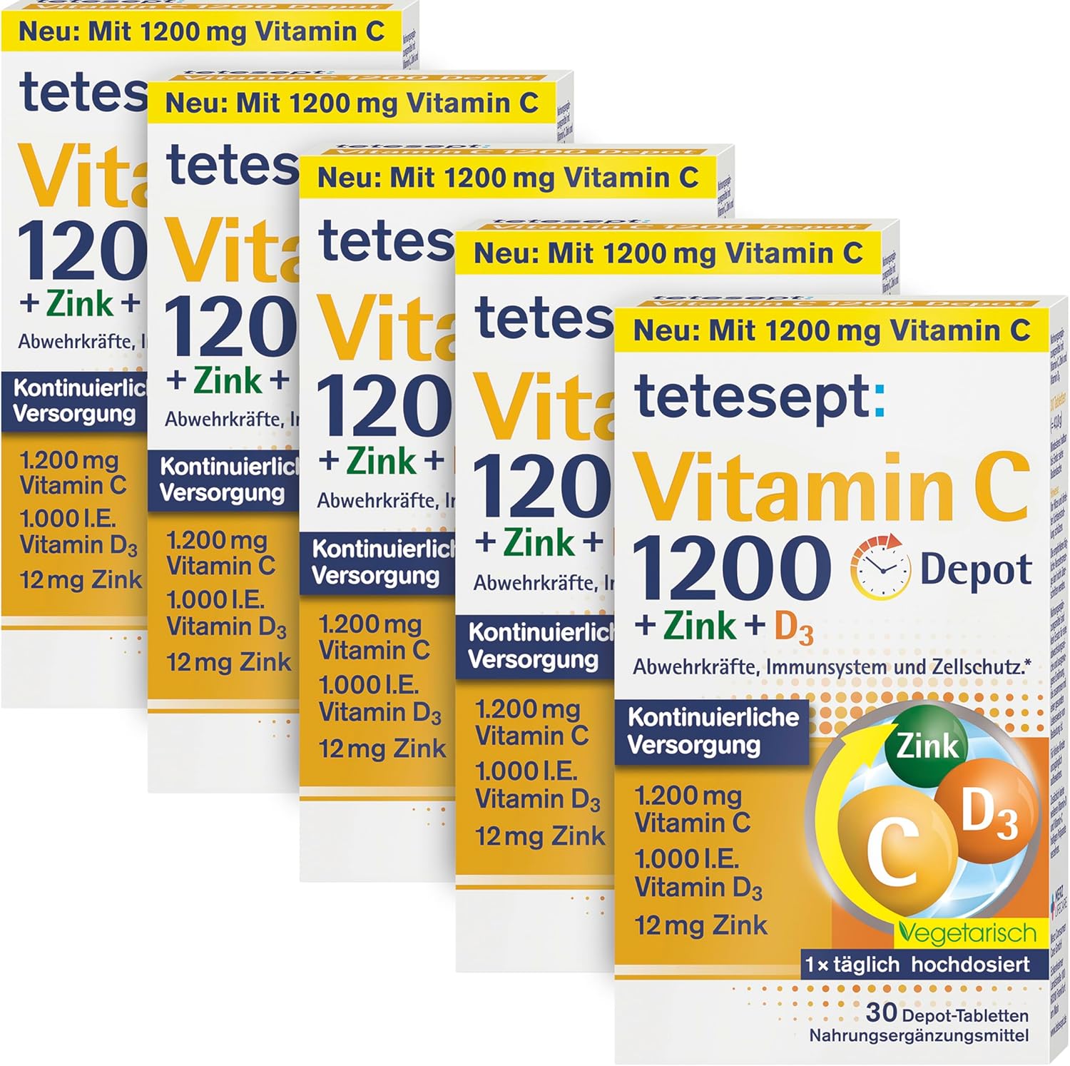 tetesept Vitamin C 1200 + Zink + D3 – Nahrungsergänzungsmittel mit Vitamin C, D3 und Zink zur Unterstützung des Immunsystems, des Zellschutzes und der Knochen – 5 x 30 Vitamintabletten