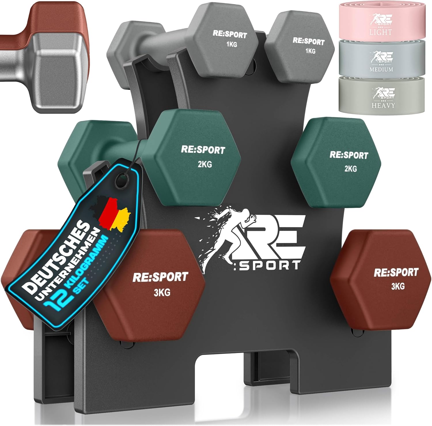 RE:SPORT Kurzhantel-Set 3 Paar, 1 kg – 5 kg, 12 kg oder 18 kg mit Ständer und 3 x Fitnessbändern, rutschfeste Neopren-Hanteln für Damen und Herren, Kurzhantel-Set